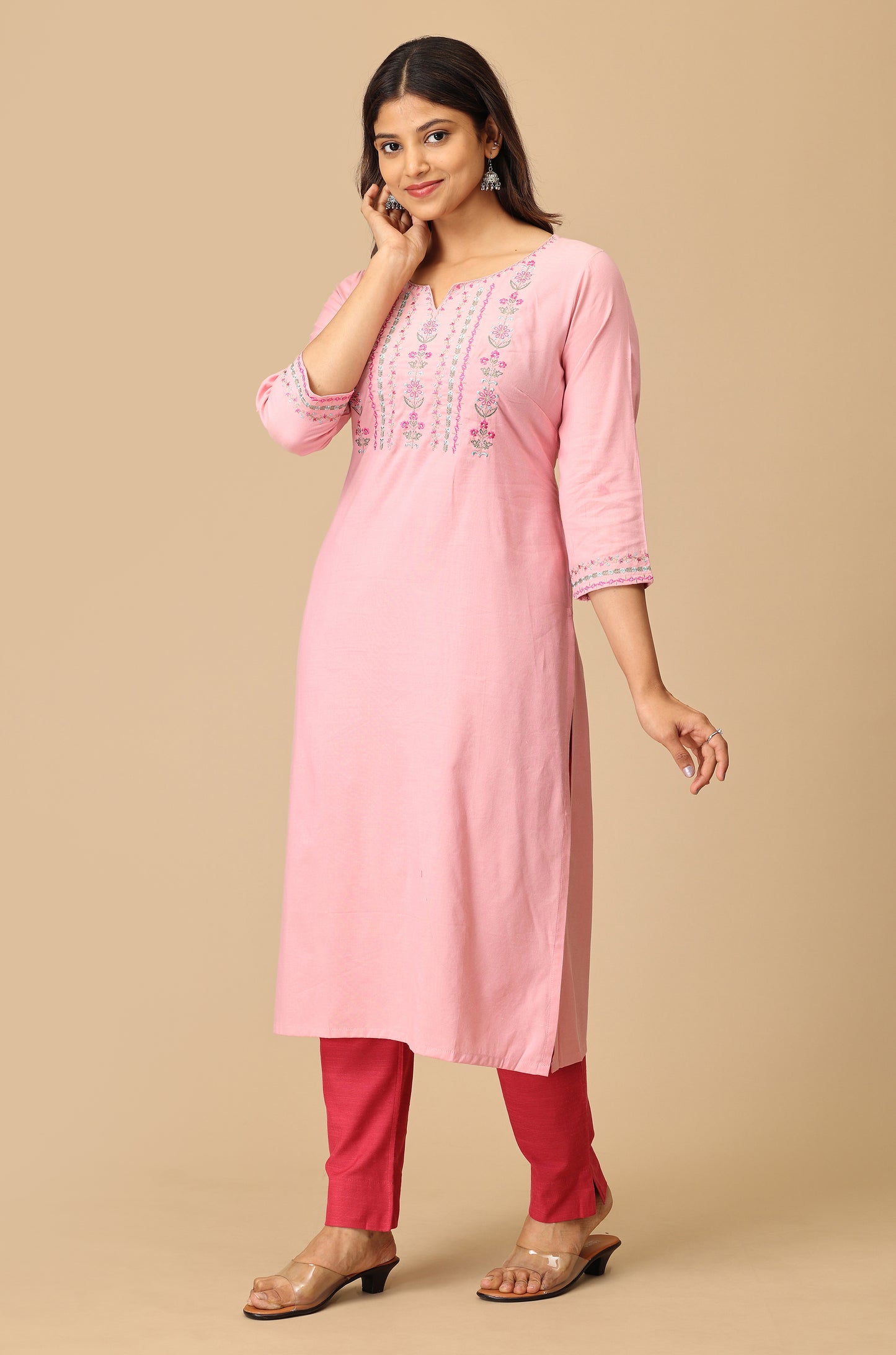 Baby Pink Cotton Embroidery Kurti