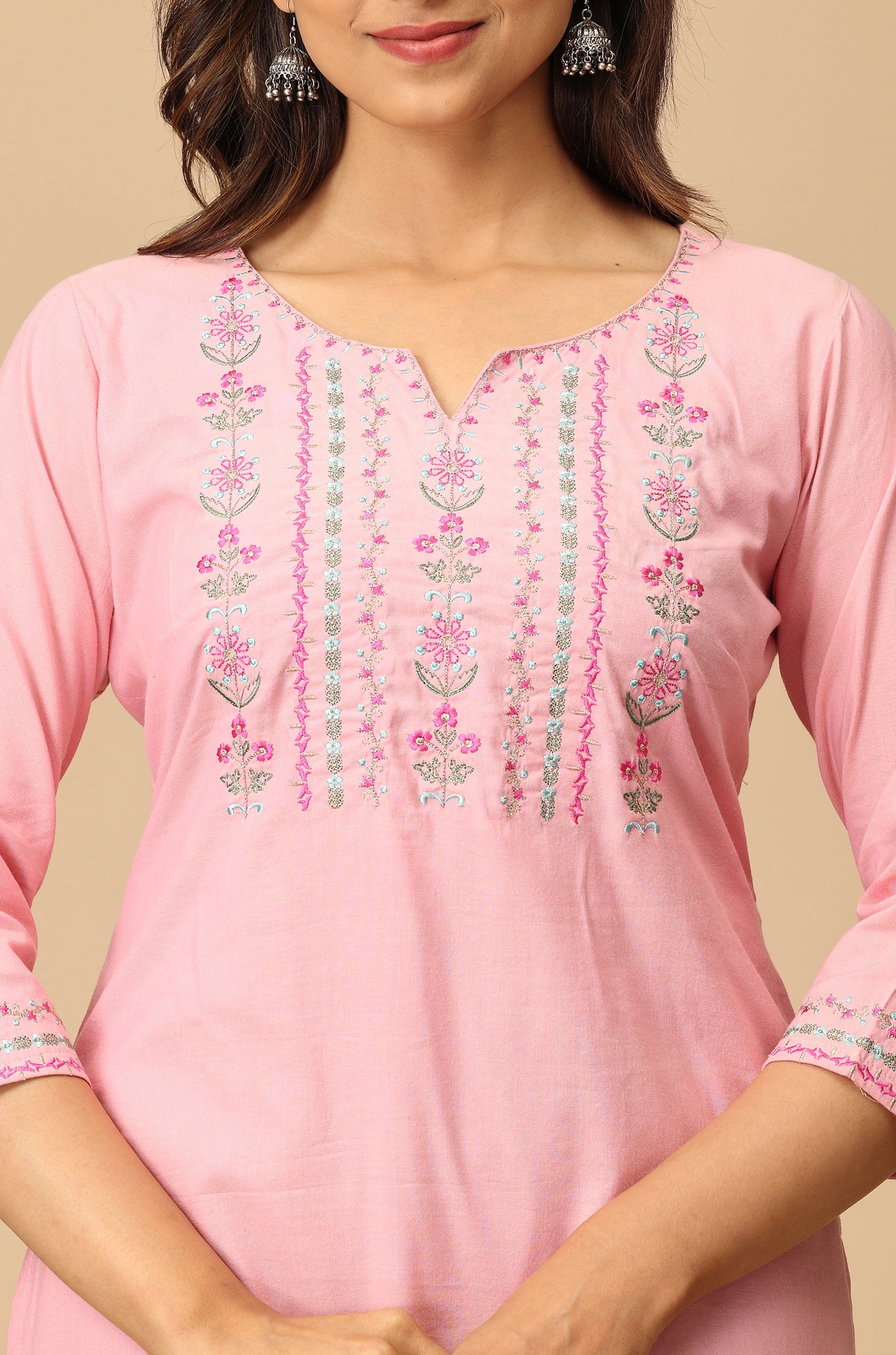 Baby Pink Cotton Embroidery Kurti