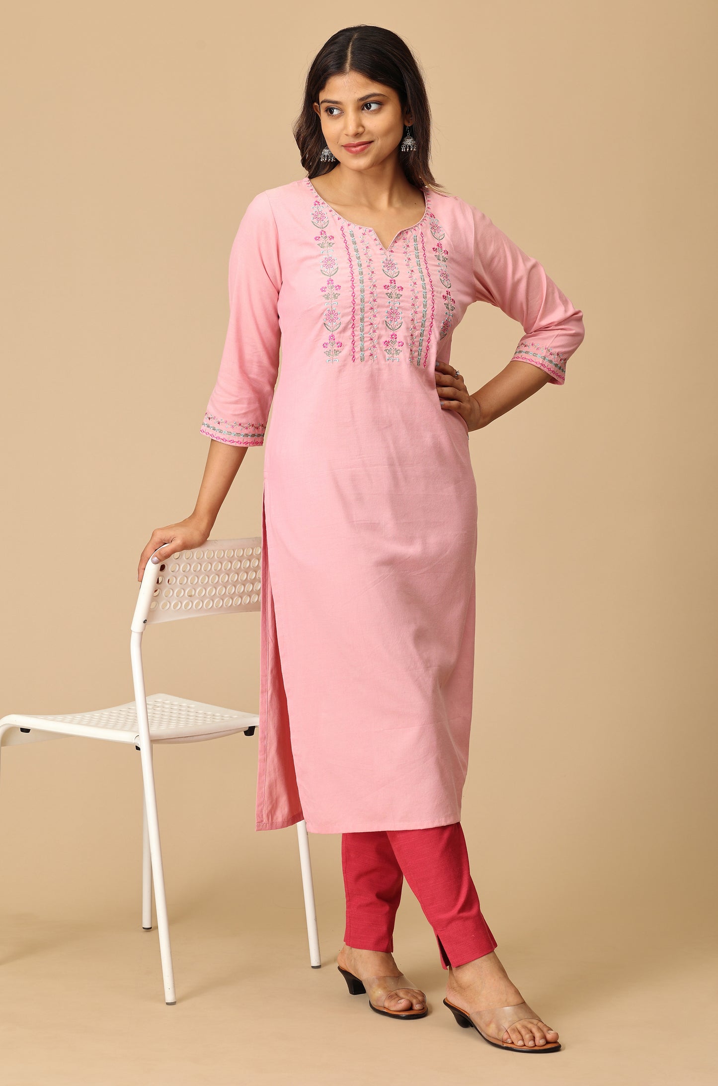 Baby Pink Cotton Embroidery Kurti