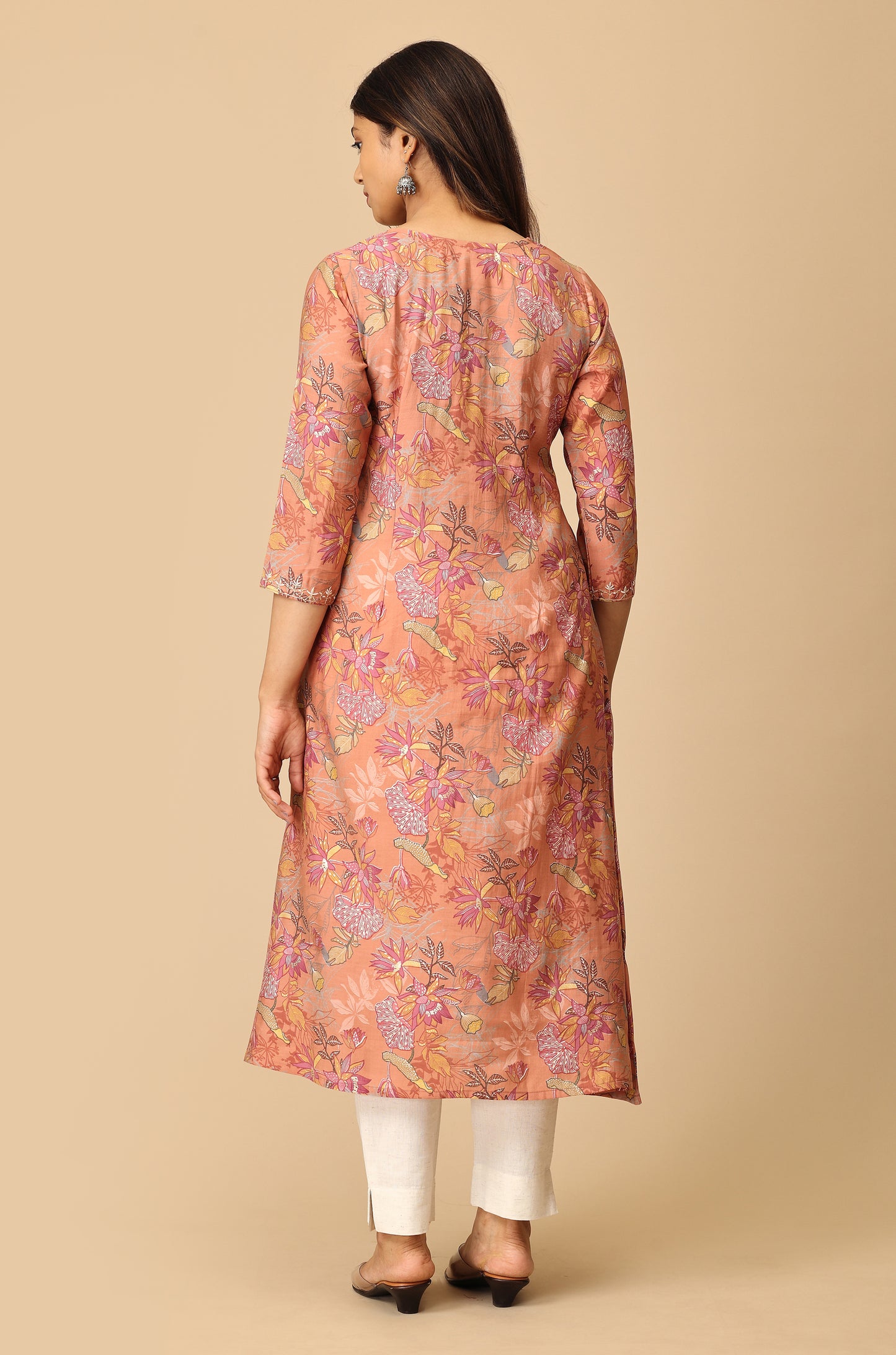 Peach Modal Printed & Embroidery Kurti