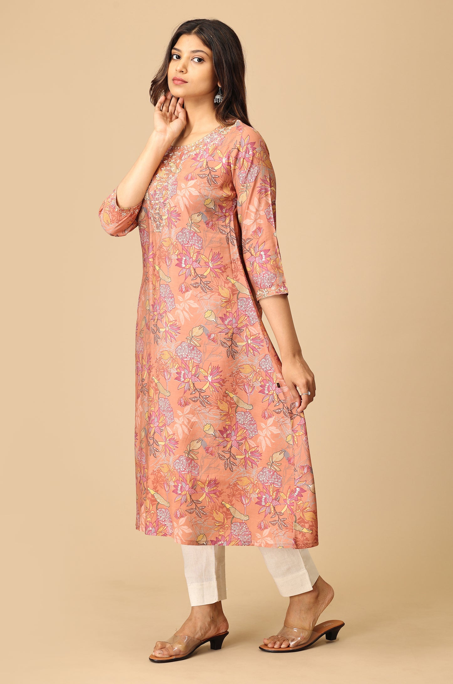 Peach Modal Printed & Embroidery Kurti