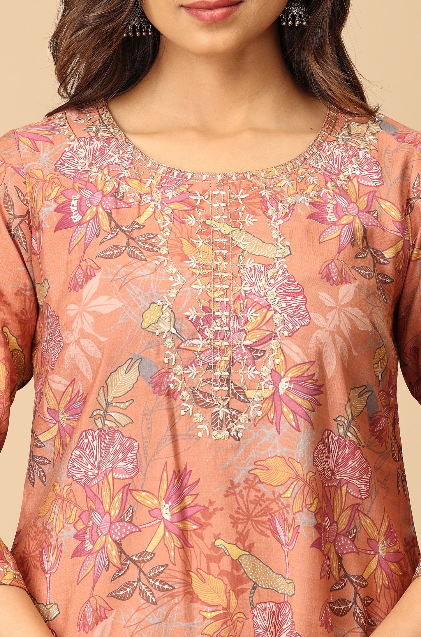 Peach Modal Printed & Embroidery Kurti
