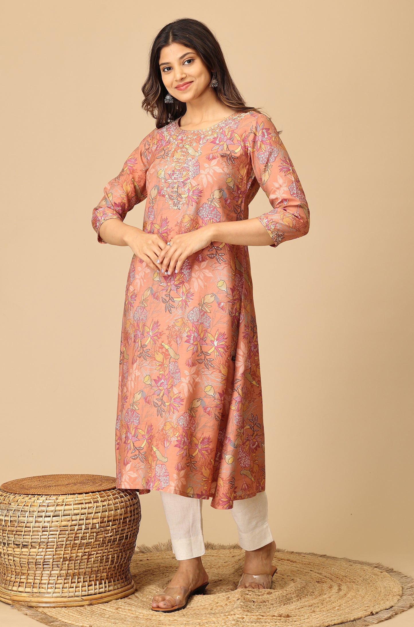 Peach Modal Printed & Embroidery Kurti