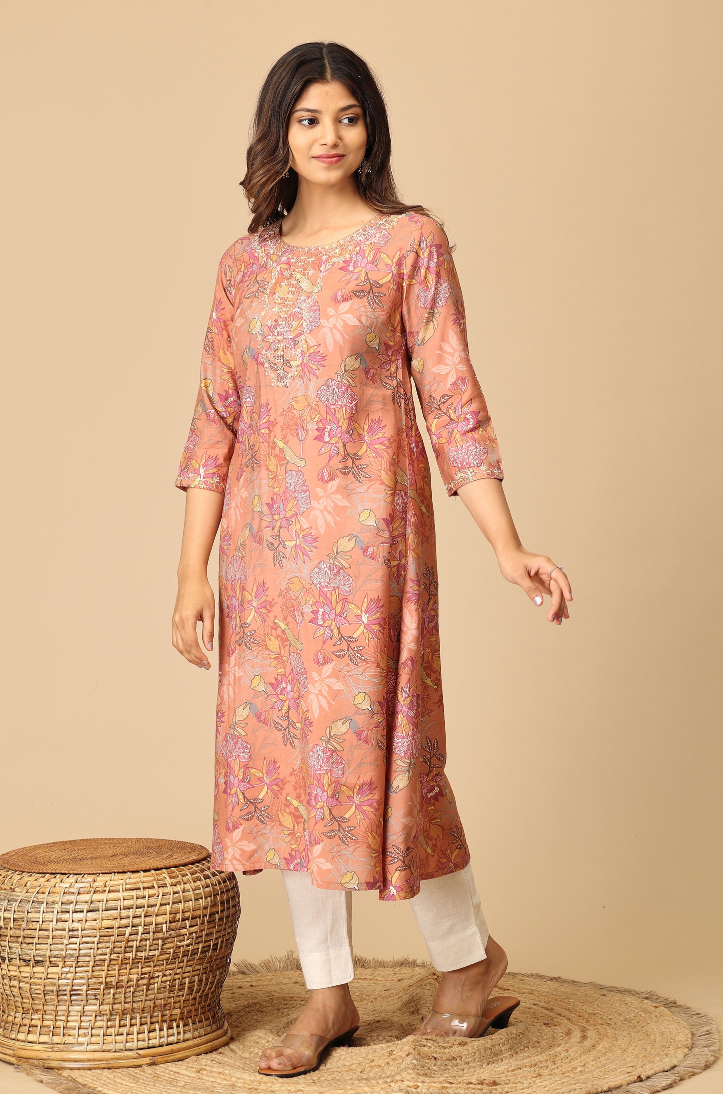 Peach Modal Printed & Embroidery Kurti