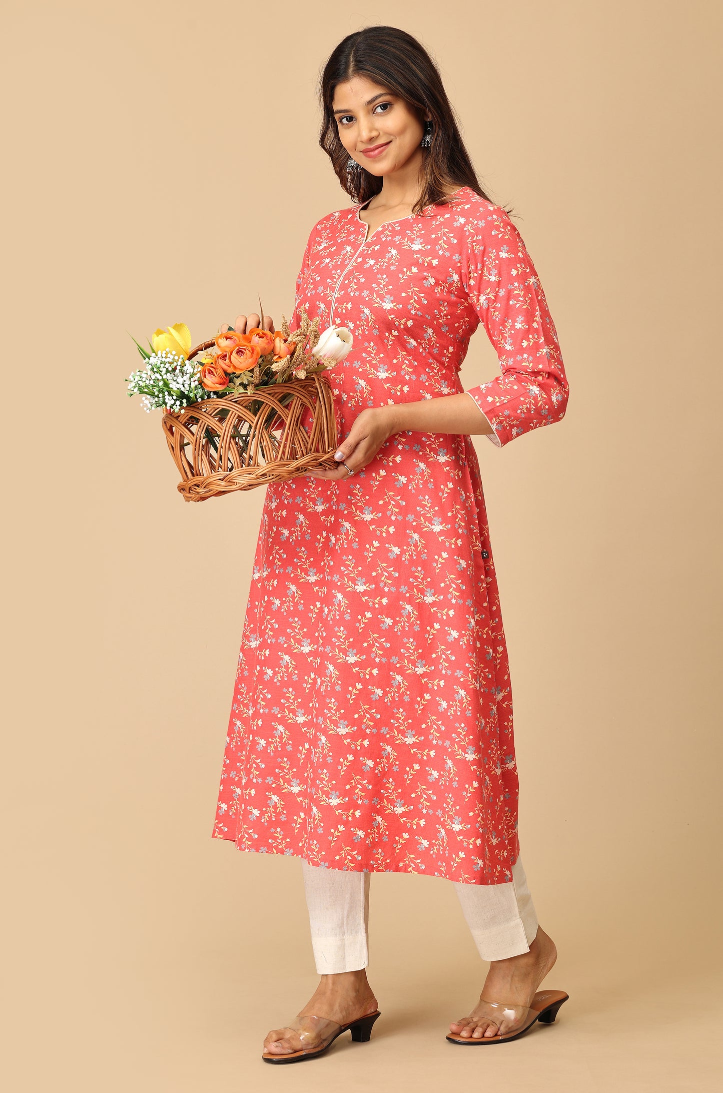 Coral Rayon Slub Print with Neck Piping Kurti