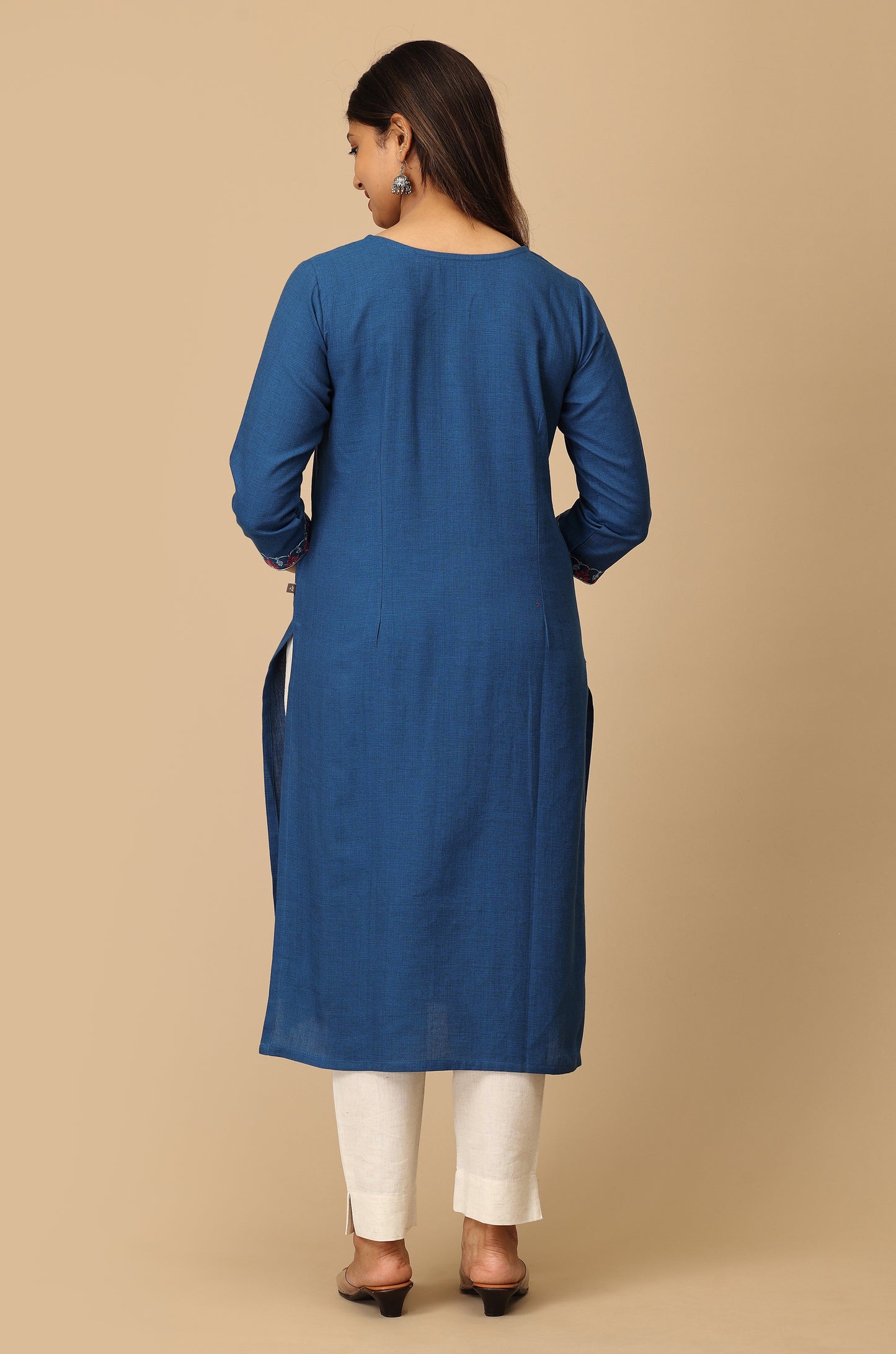 Blue Khadi Straight Embroidery Kurti
