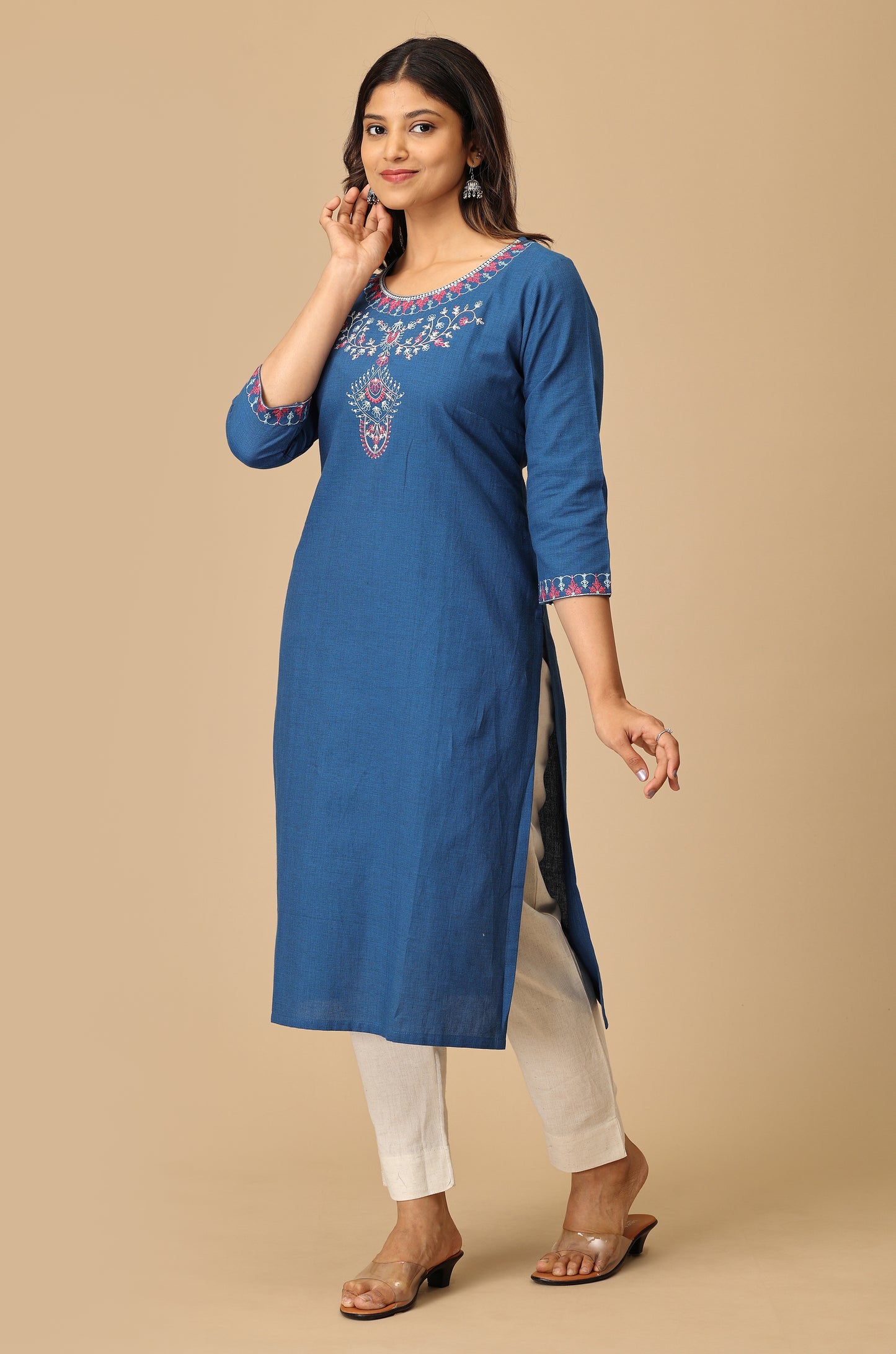 Blue Khadi Straight Embroidery Kurti