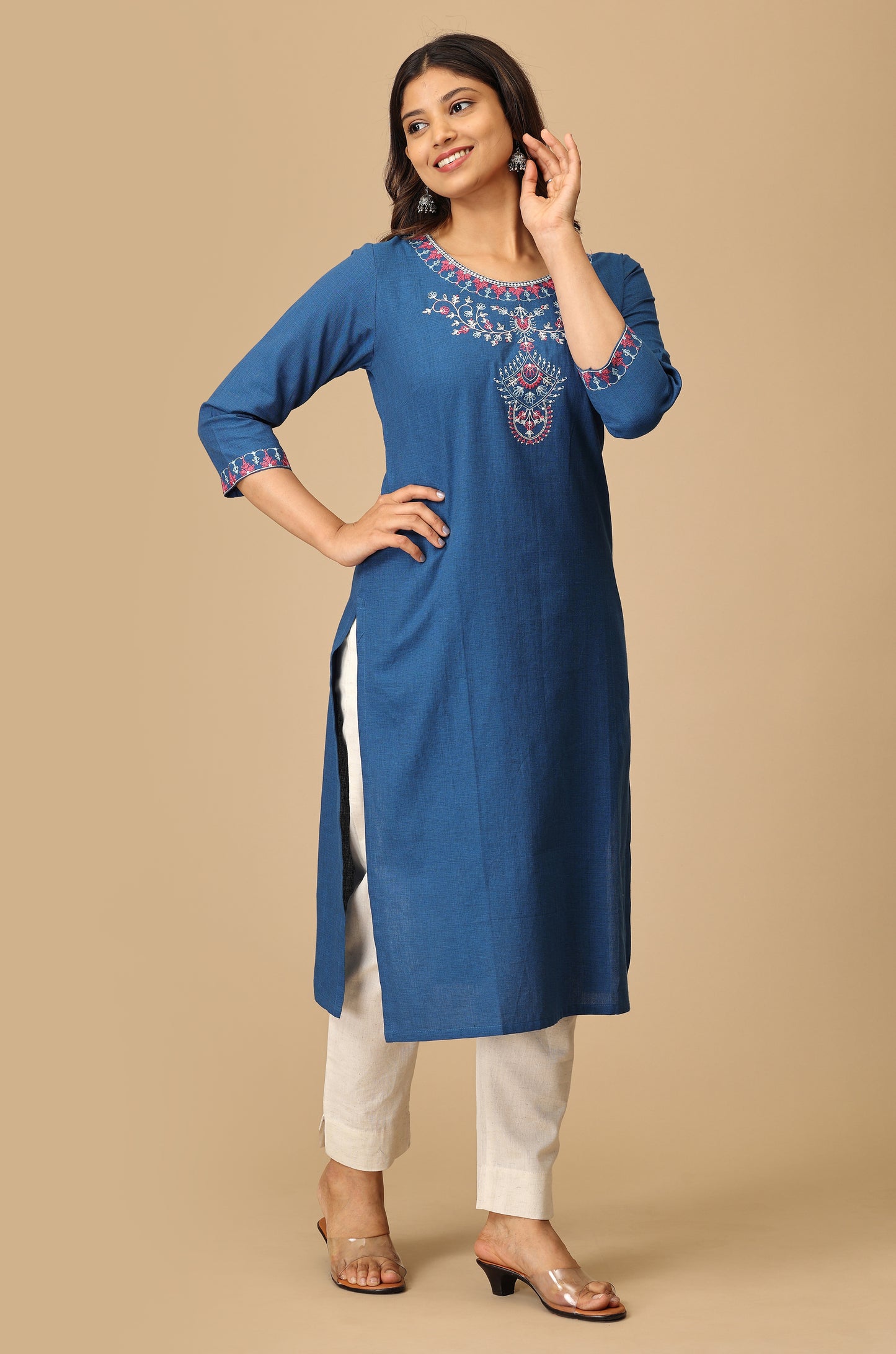 Blue Khadi Straight Embroidery Kurti
