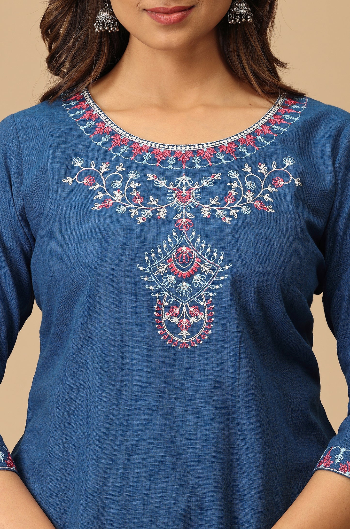 Blue Khadi Straight Embroidery Kurti