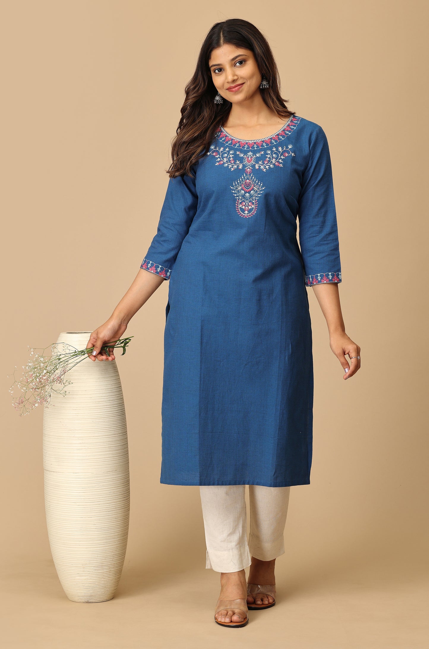 Blue Khadi Straight Embroidery Kurti