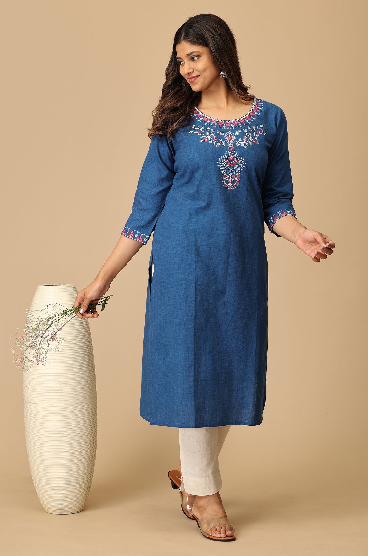 Blue Khadi Straight Embroidery Kurti