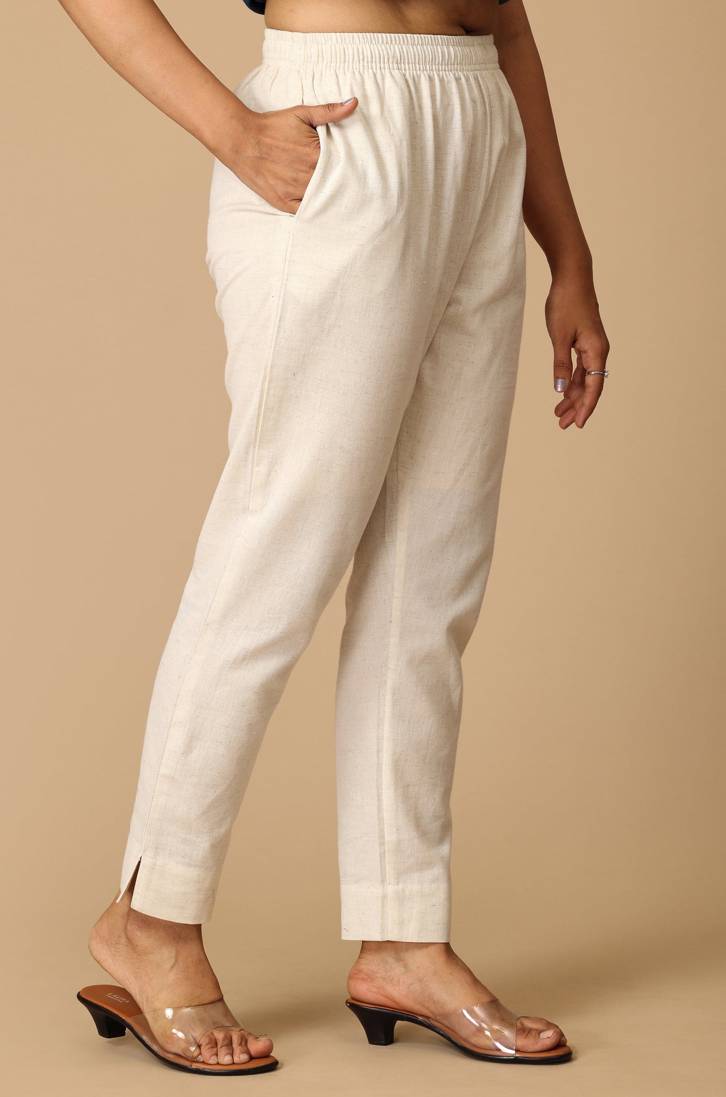 Ivory Cotton Trouser Fit with Drawstring Cigarette Pant