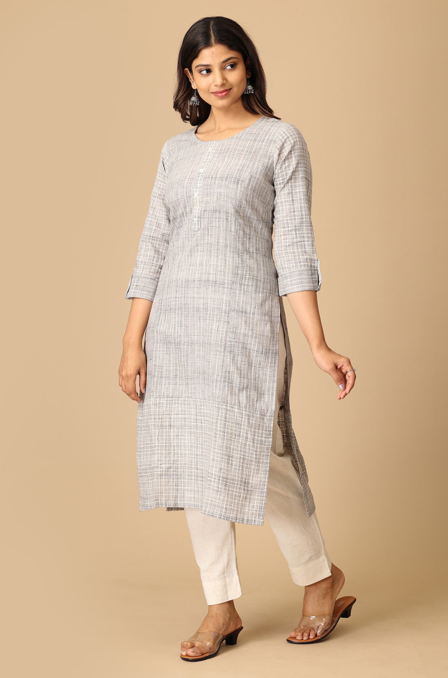 Grey Cotton Slub Patch Work Kurti