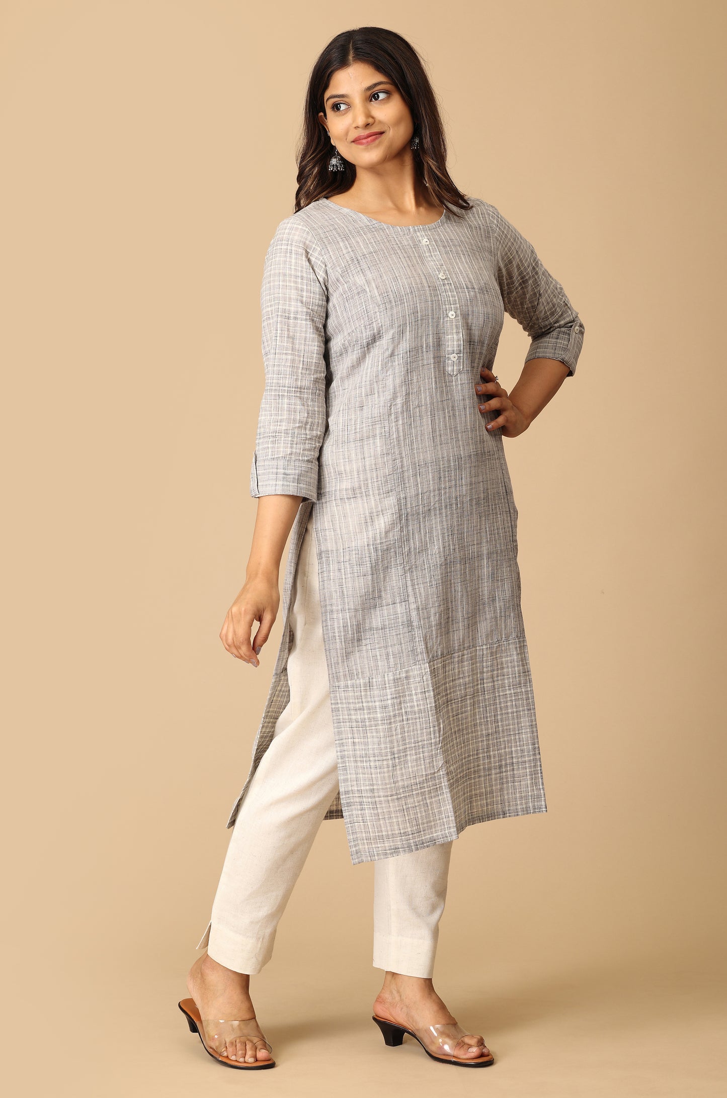 Grey Cotton Slub Patch Work Kurti