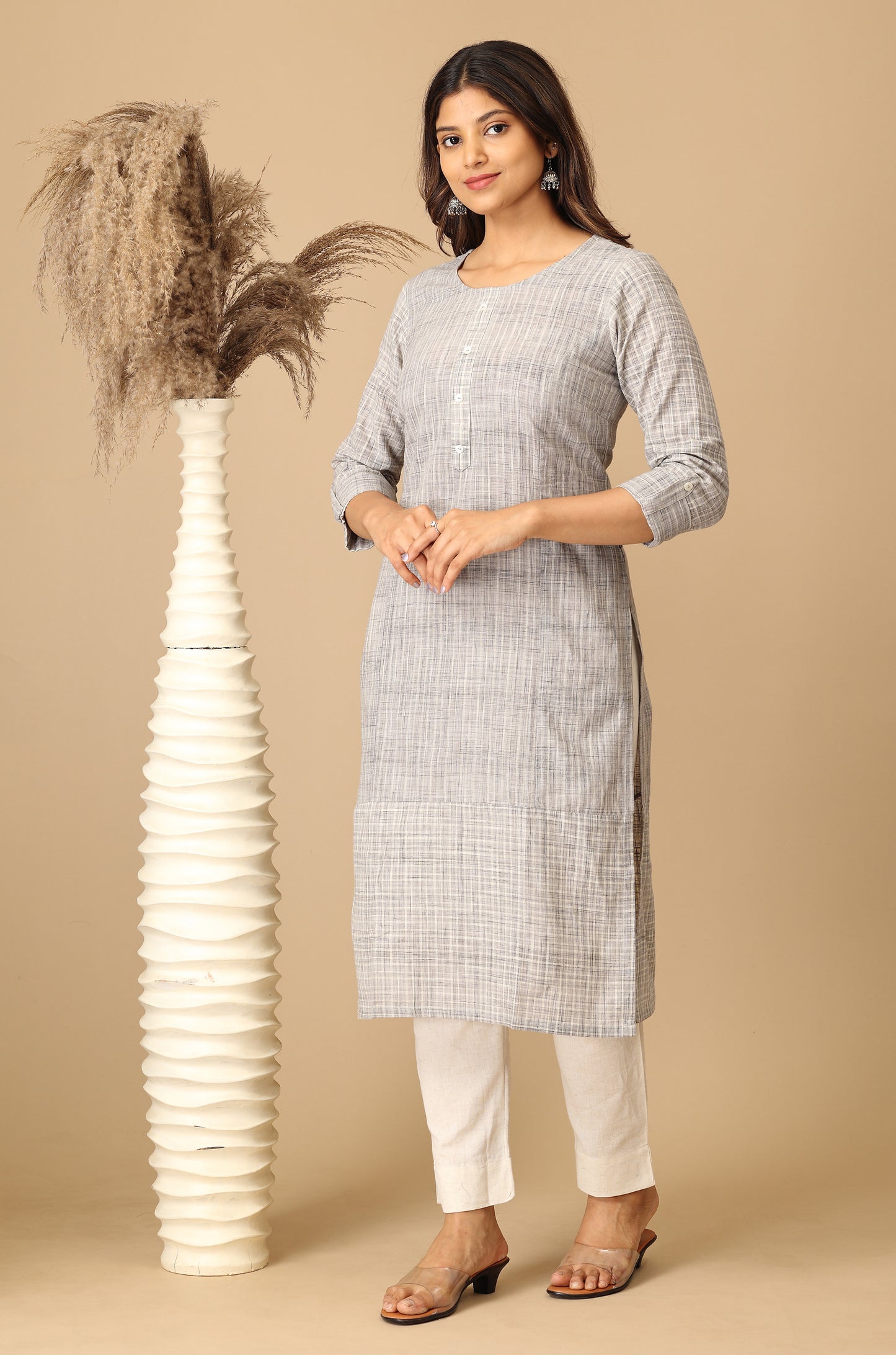 Grey Cotton Slub Patch Work Kurti