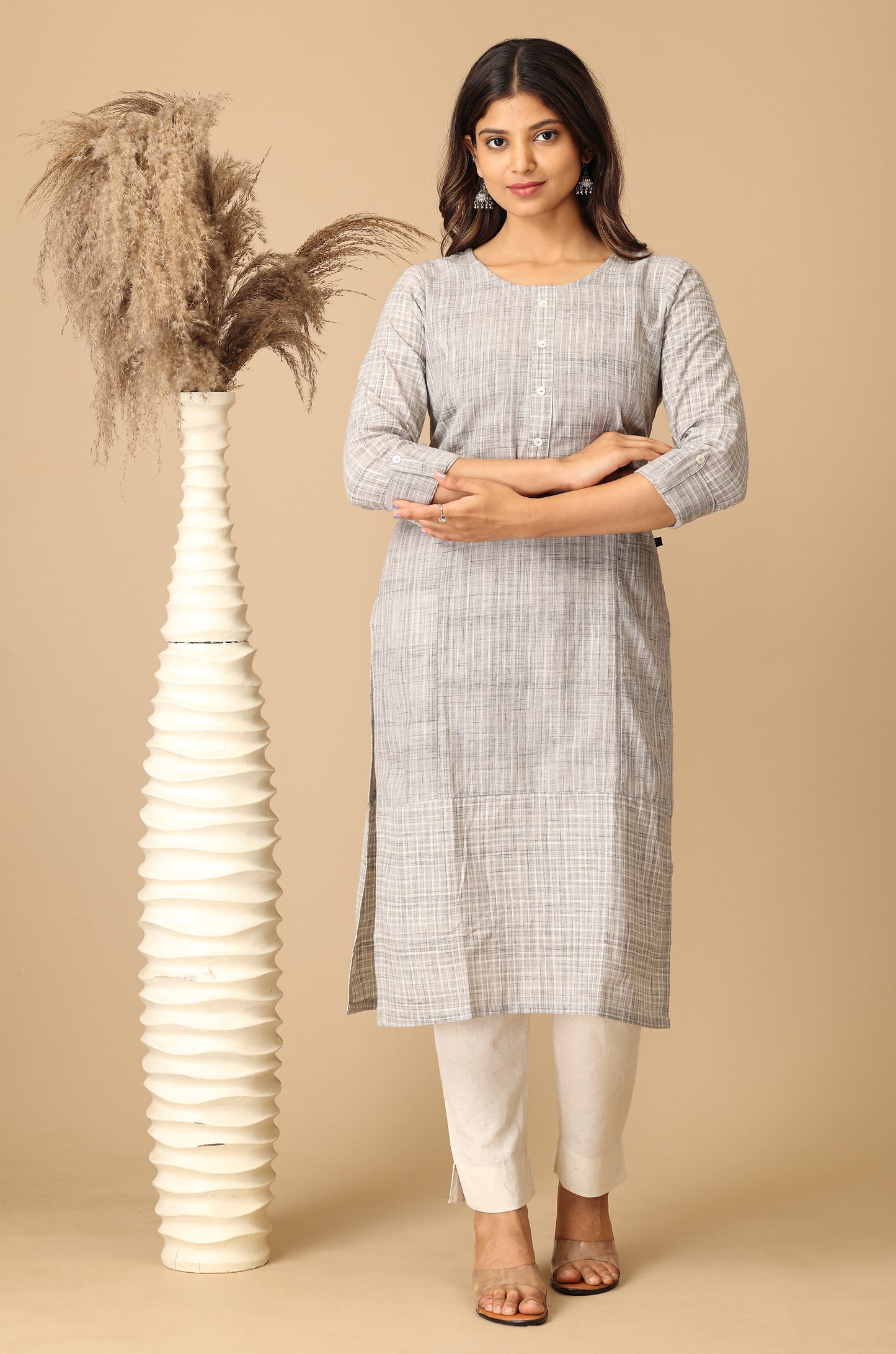 Grey Cotton Slub Patch Work Kurti