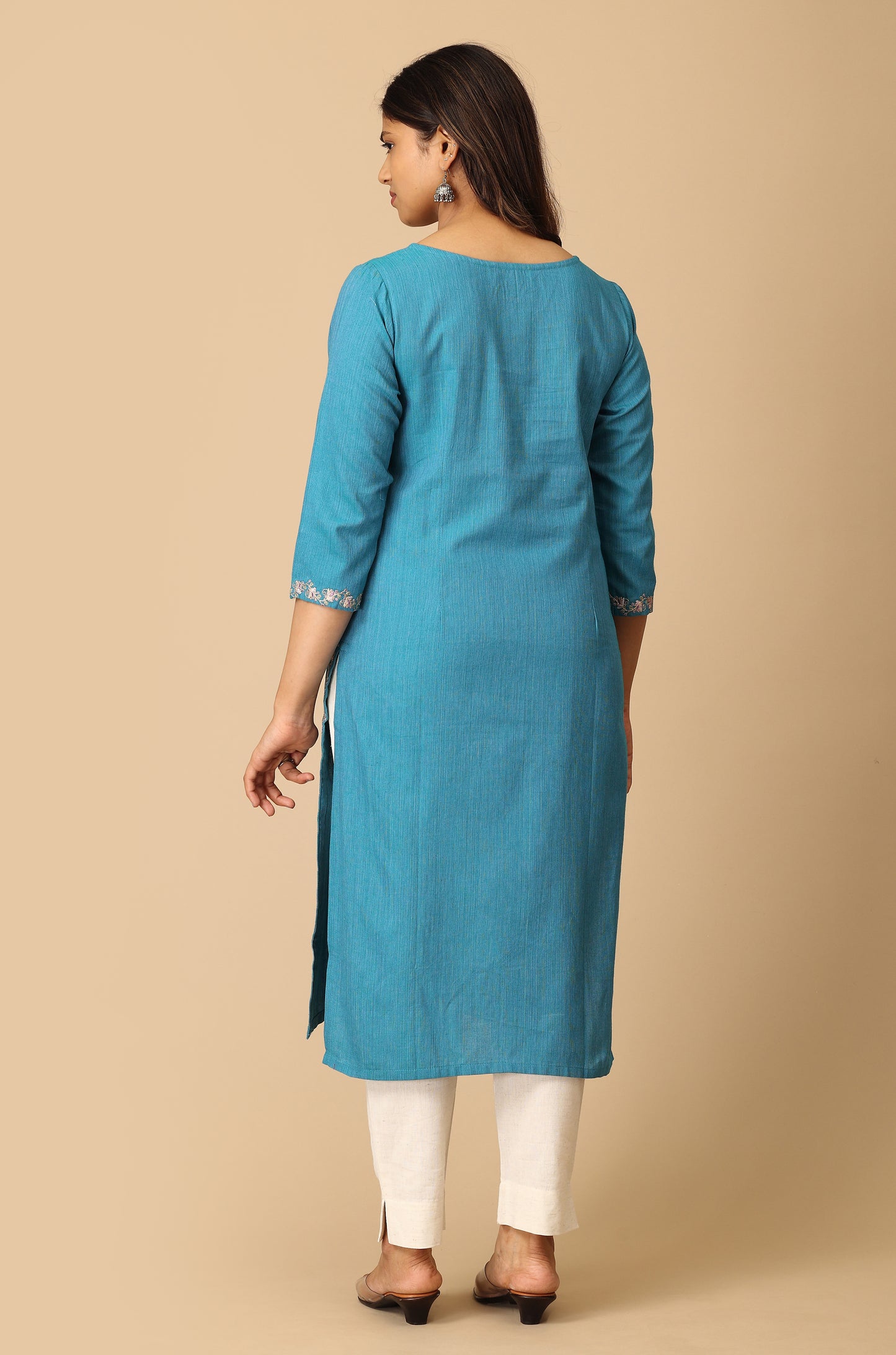 Blue Khadi Neck Embroidery Kurti