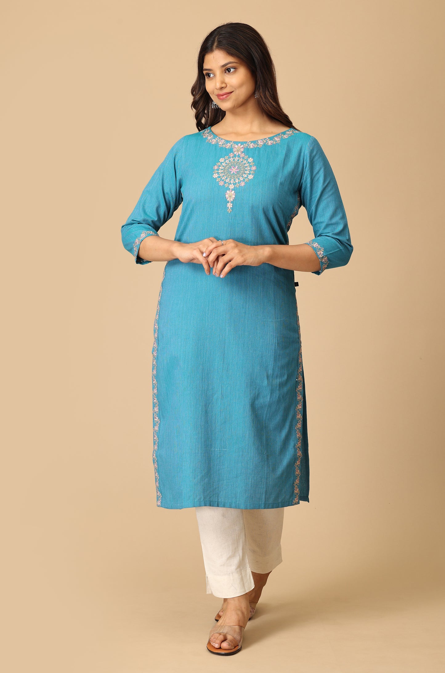 Blue Khadi Neck Embroidery Kurti