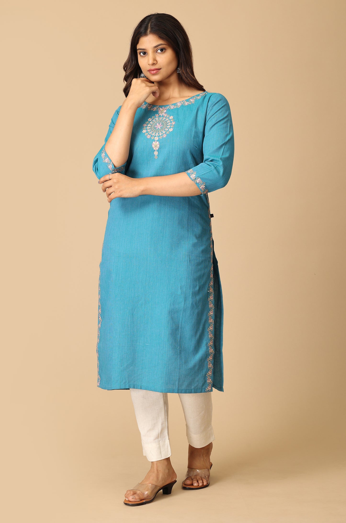 Blue Khadi Neck Embroidery Kurti