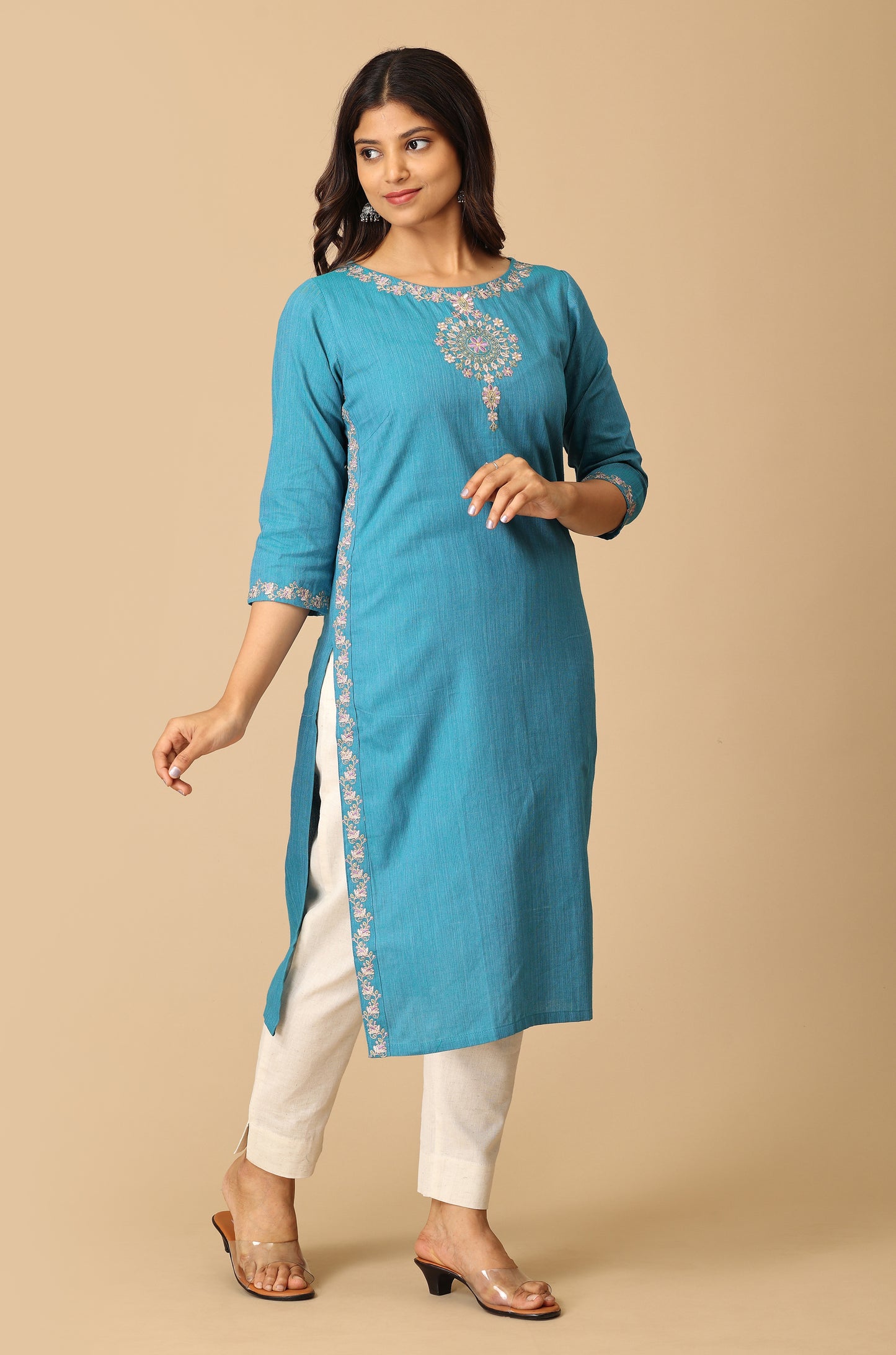 Blue Khadi Neck Embroidery Kurti