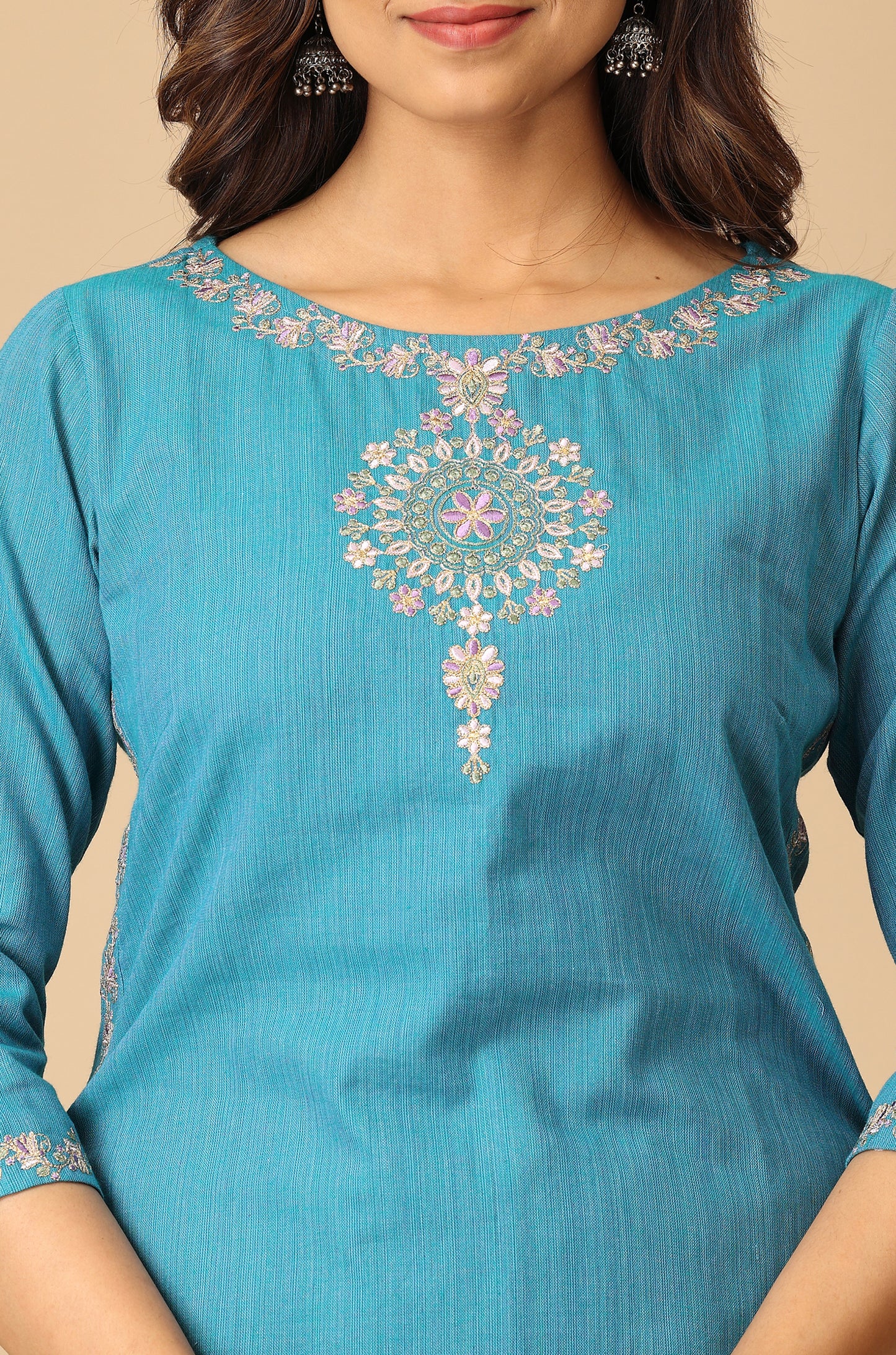 Blue Khadi Neck Embroidery Kurti