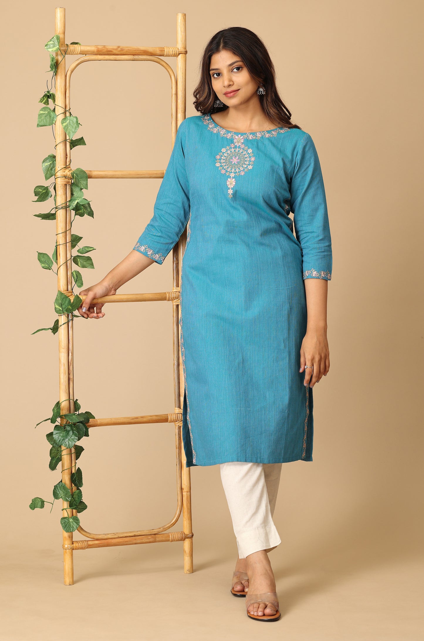 Blue Khadi Neck Embroidery Kurti