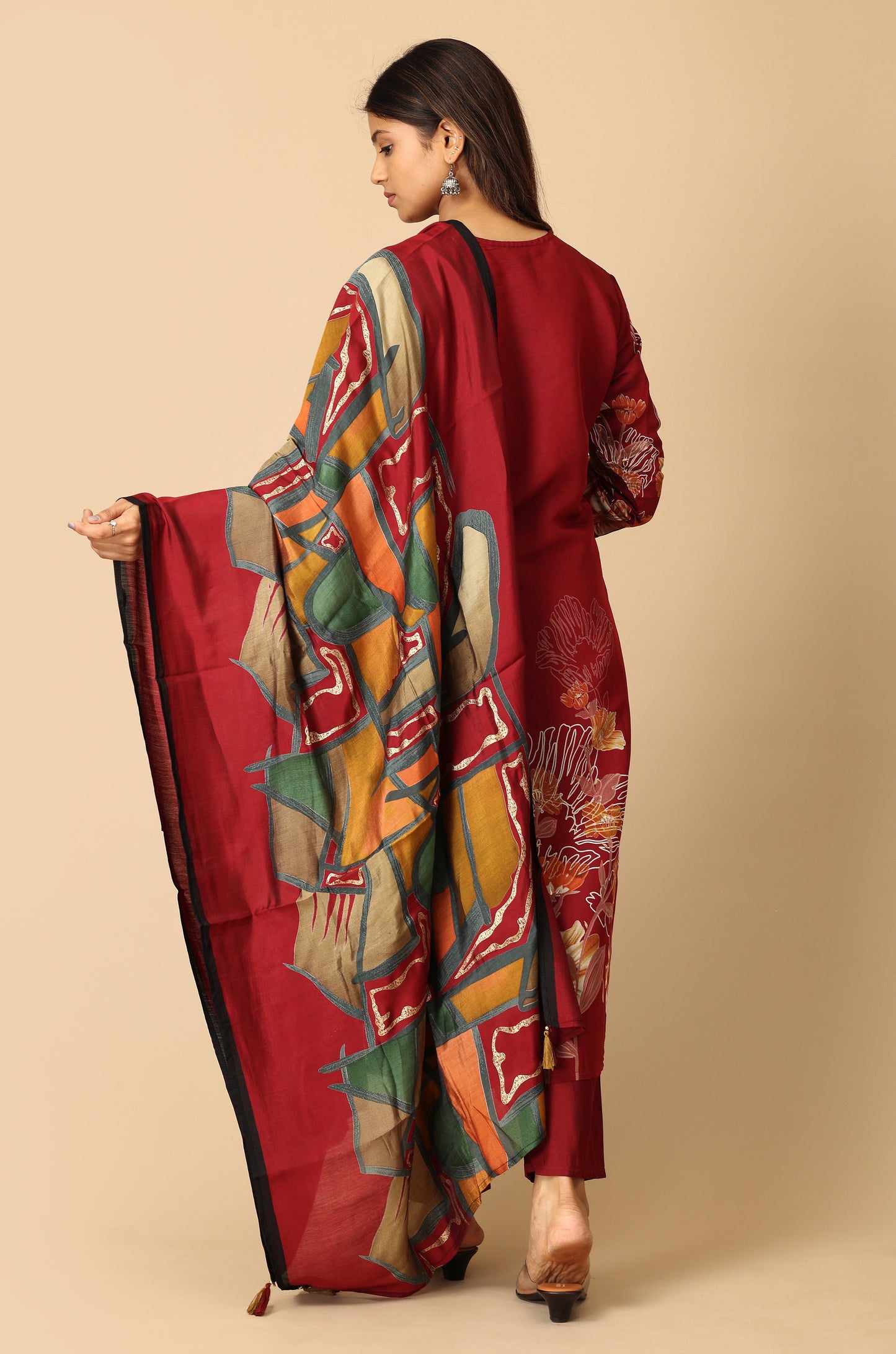 Maroon Maslin Printed with Handwork Kurti Set -3Pcs