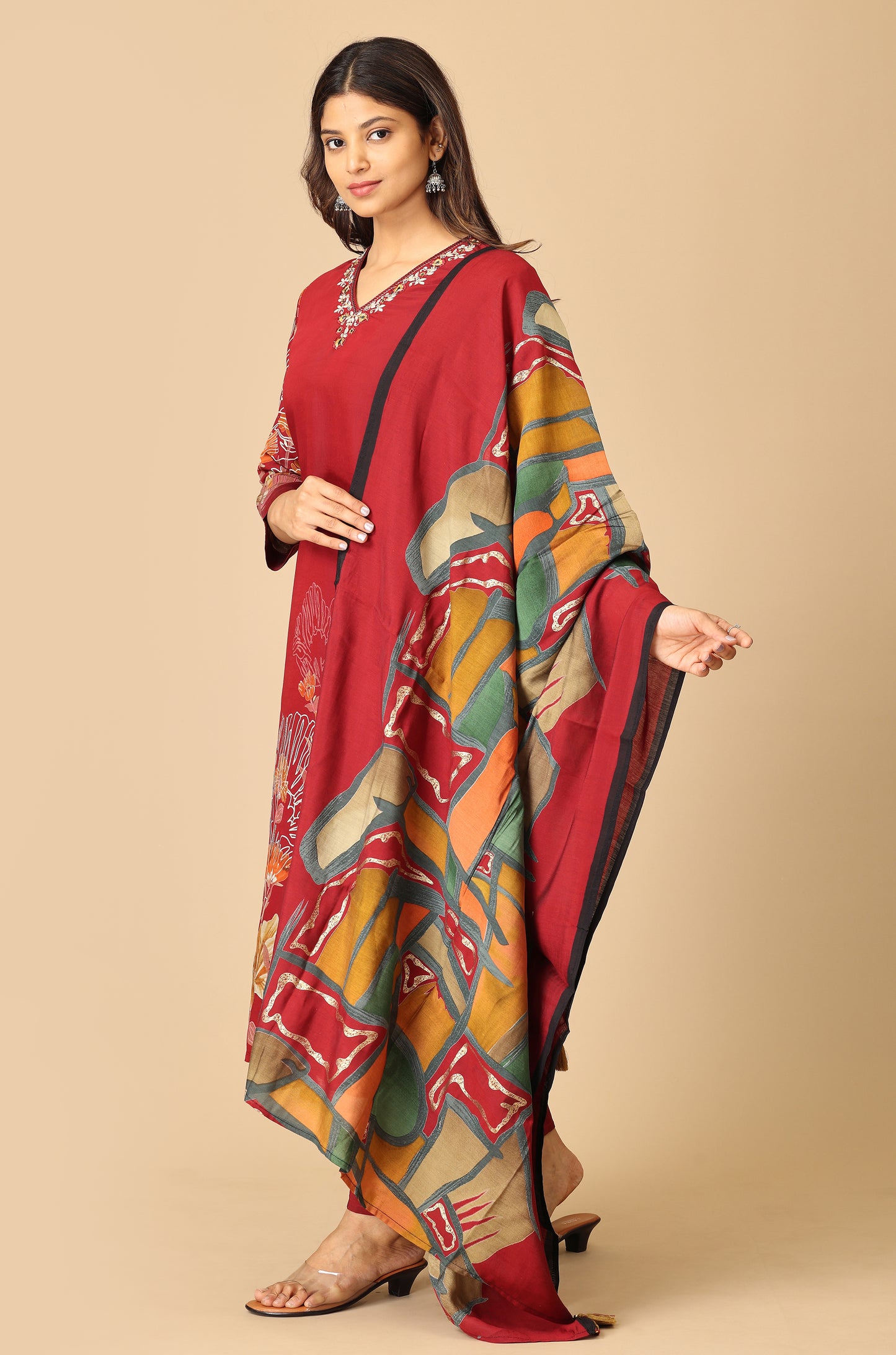 Maroon Maslin Printed with Handwork Kurti Set -3Pcs