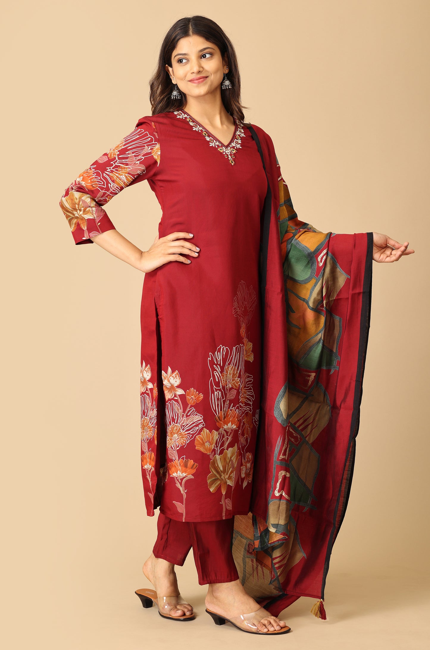 Maroon Maslin Printed with Handwork Kurti Set -3Pcs