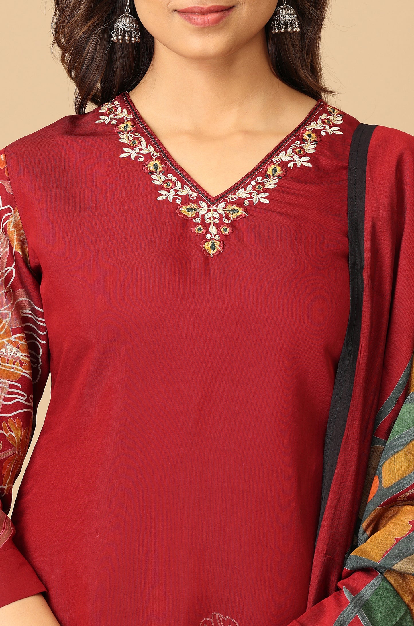 Maroon Maslin Printed with Handwork Kurti Set -3Pcs