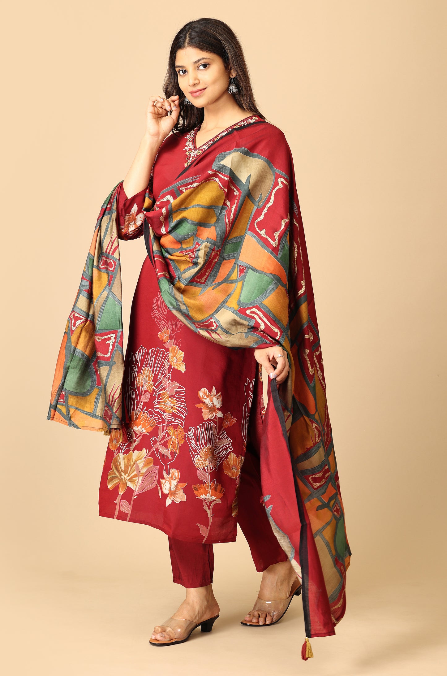 Maroon Maslin Printed with Handwork Kurti Set -3Pcs