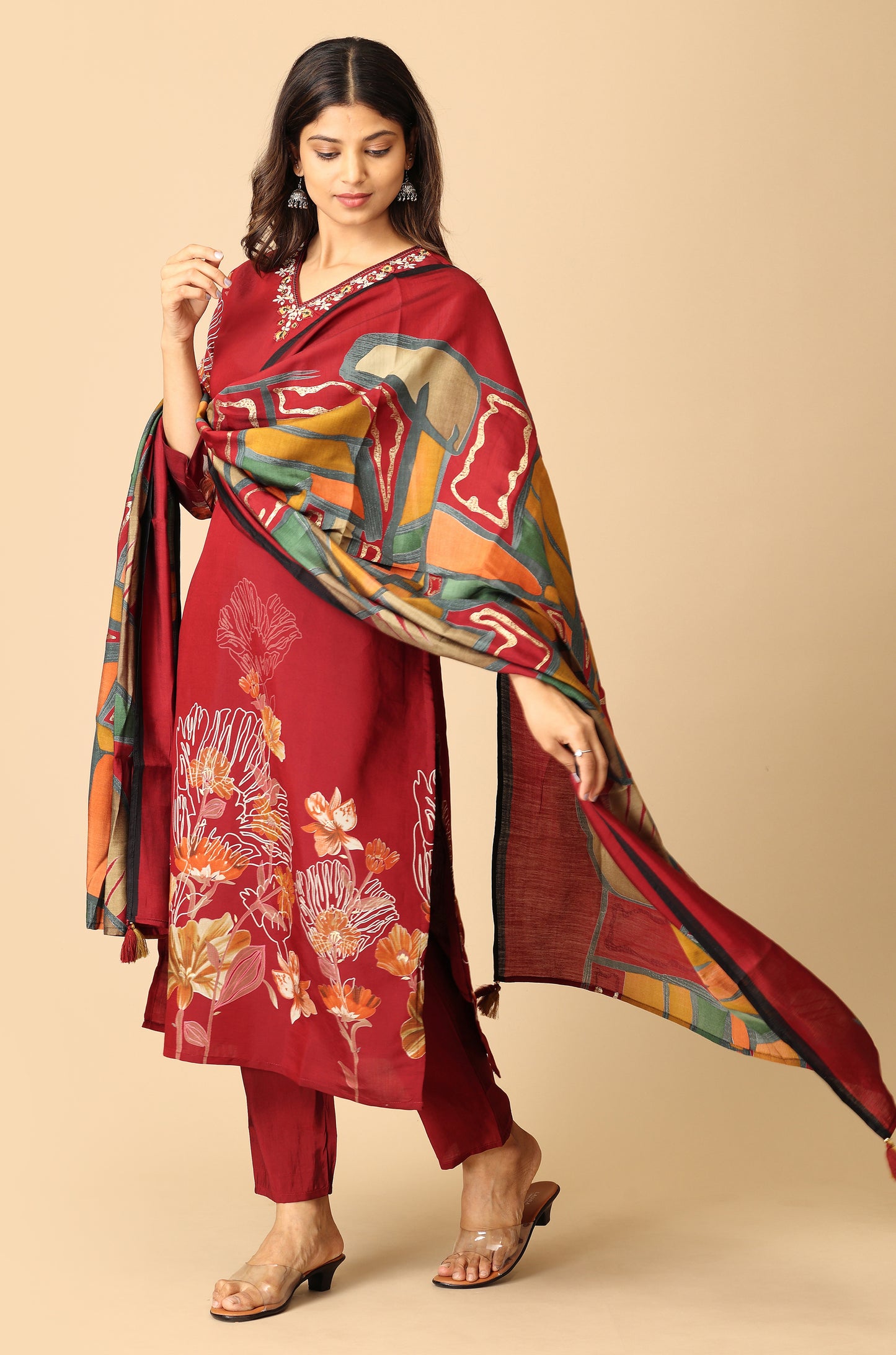 Maroon Maslin Printed with Handwork Kurti Set -3Pcs