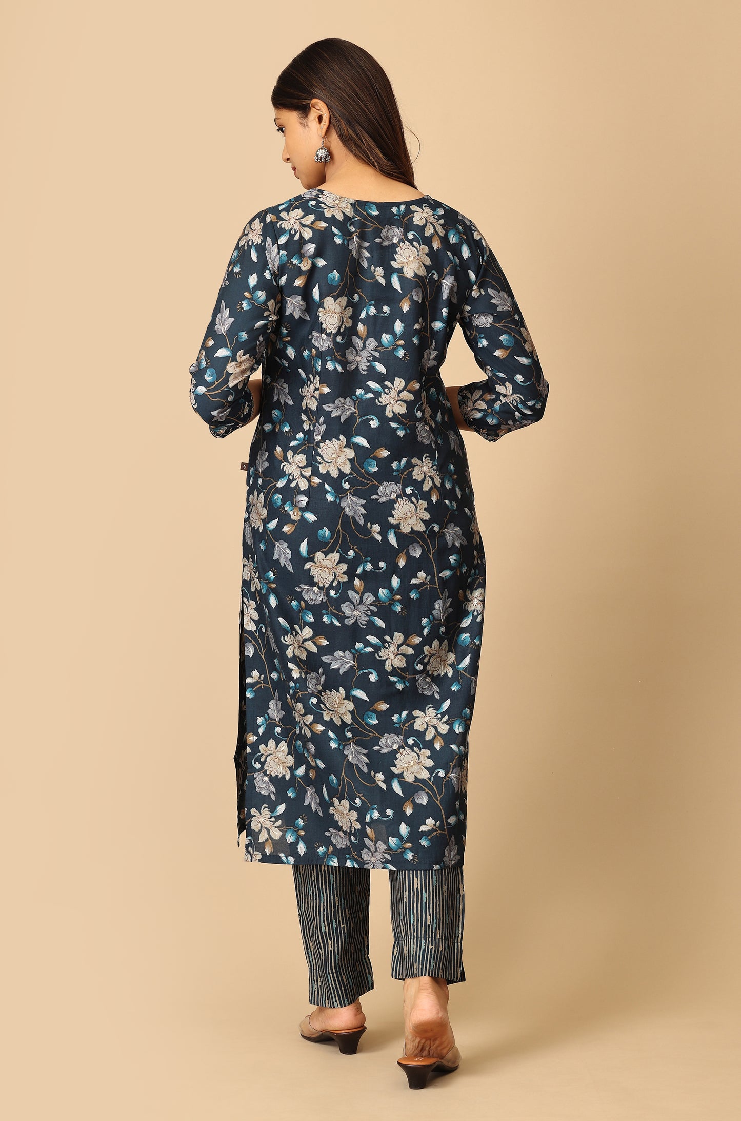 Steel Blue Modal Printed with Embroidery Kurti Set-2pc