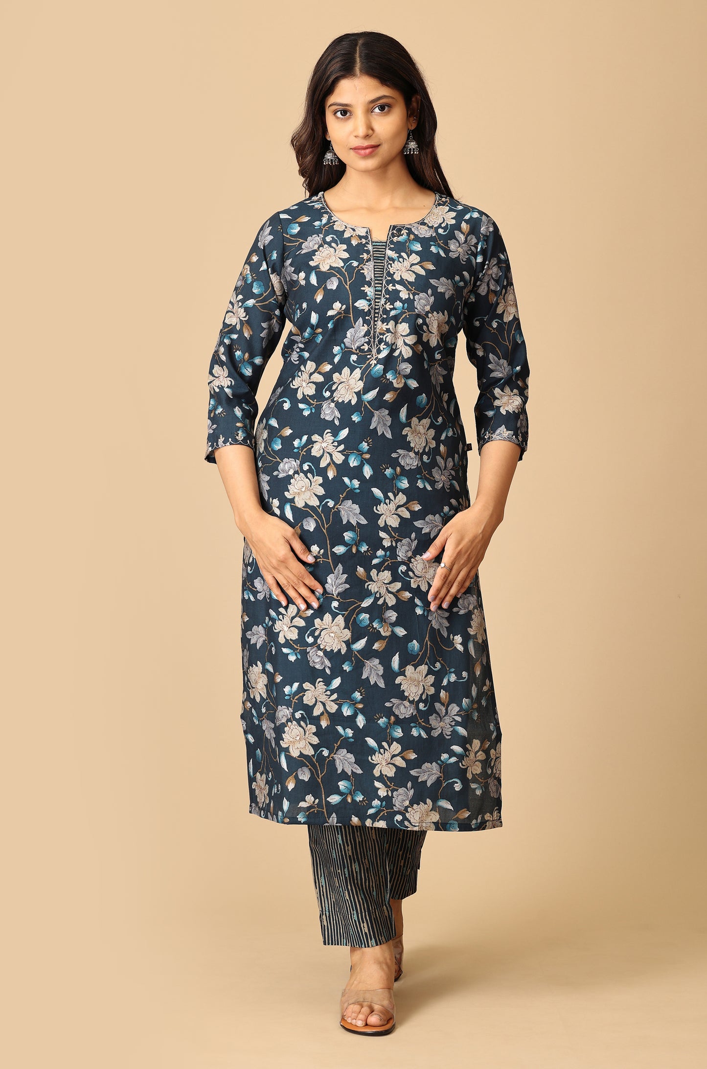 Steel Blue Modal Printed with Embroidery Kurti Set-2pc