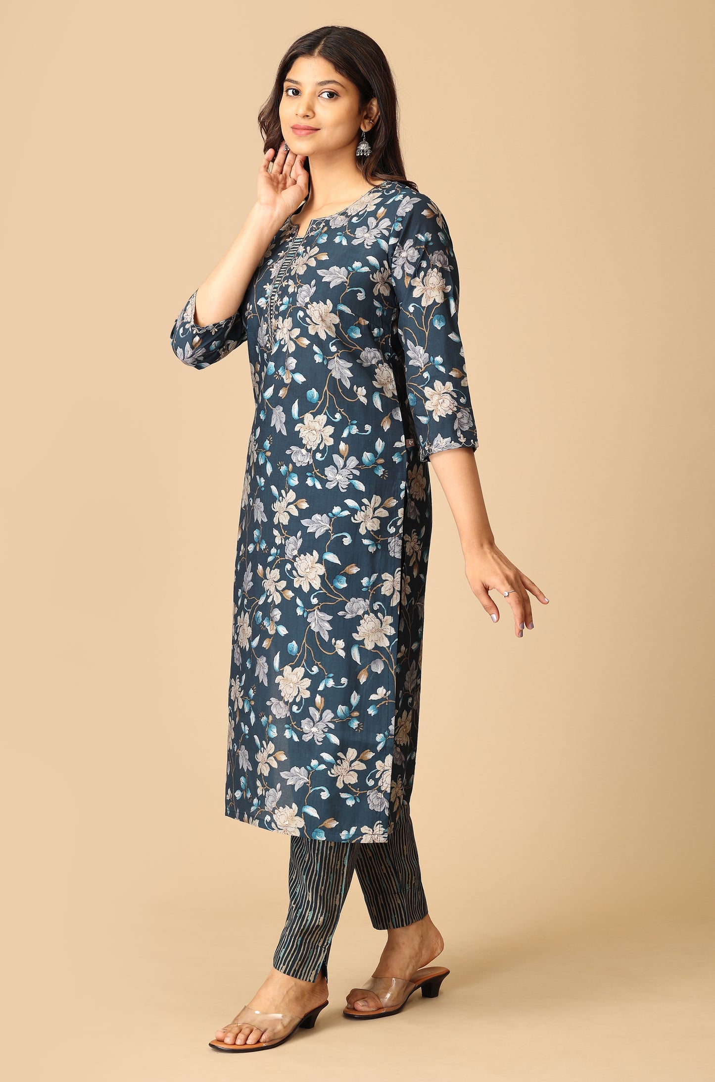 Steel Blue Modal Printed with Embroidery Kurti Set-2pc