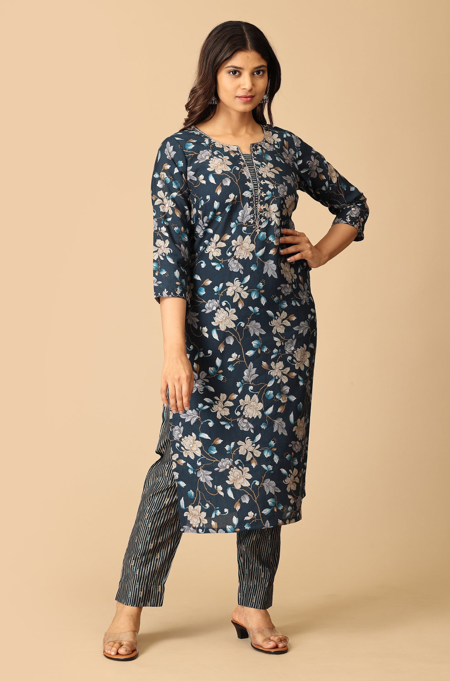 Steel Blue Modal Printed with Embroidery Kurti Set-2pc