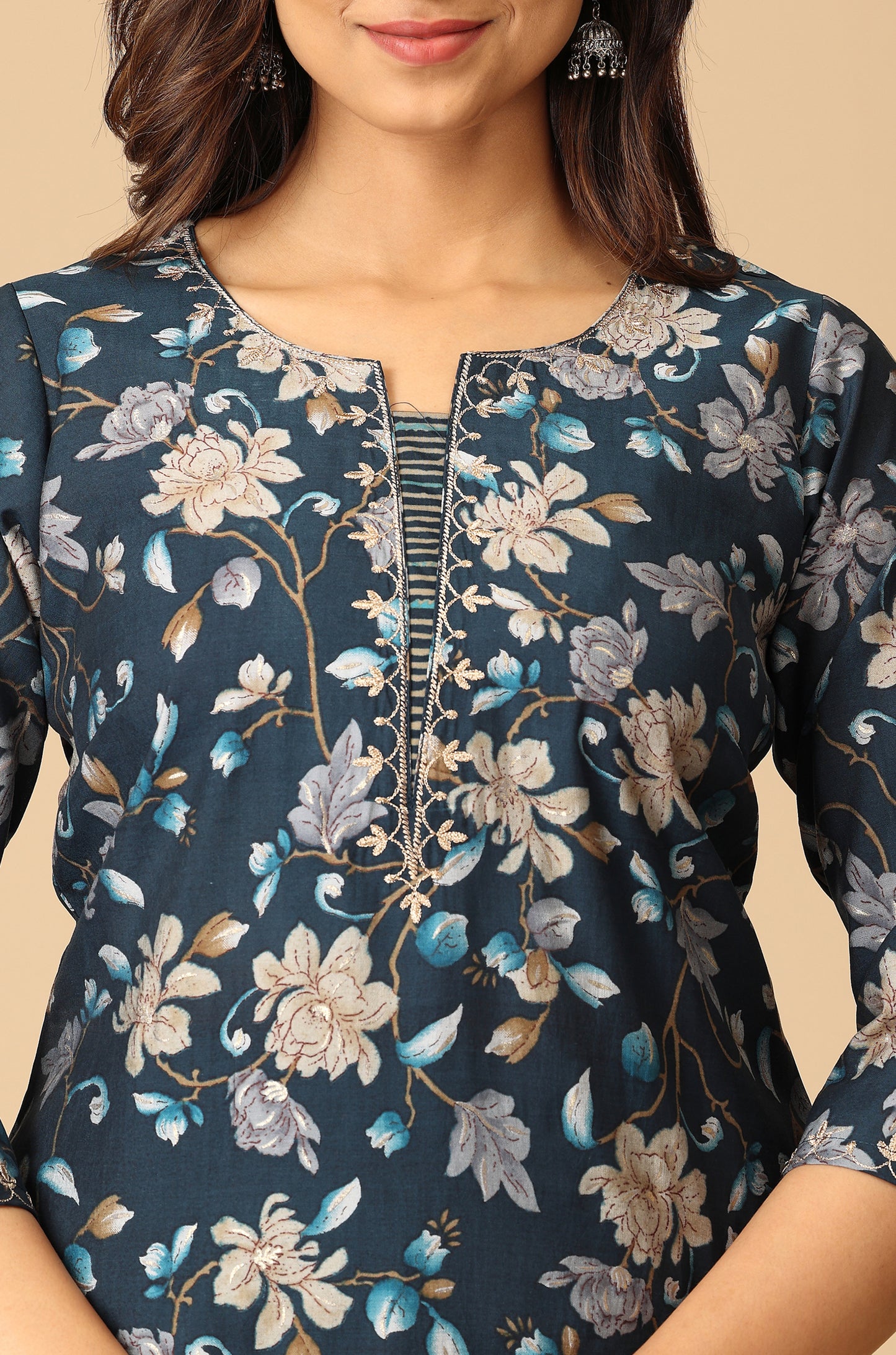 Steel Blue Modal Printed with Embroidery Kurti Set-2pc