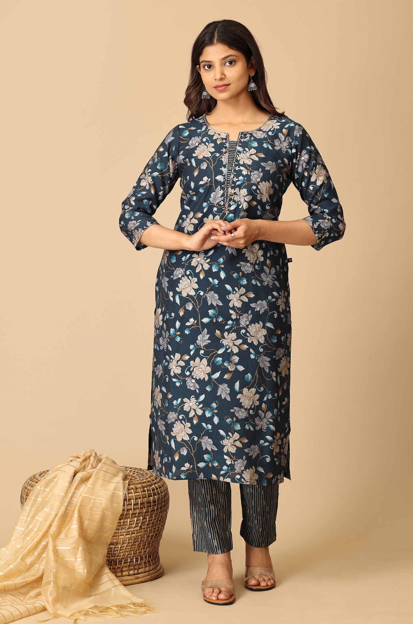 Steel Blue Modal Printed with Embroidery Kurti Set-2pc