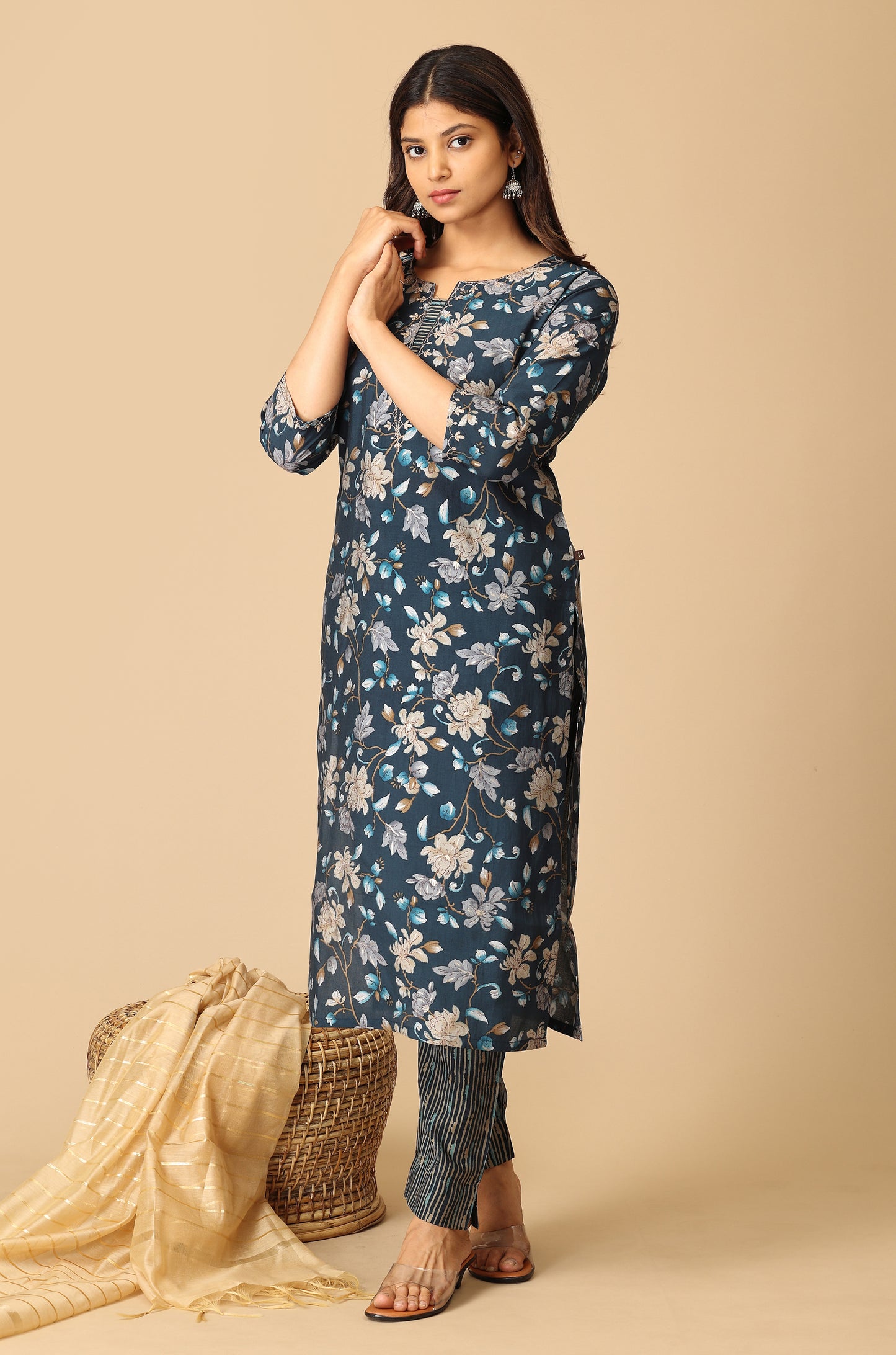 Steel Blue Modal Printed with Embroidery Kurti Set-2pc
