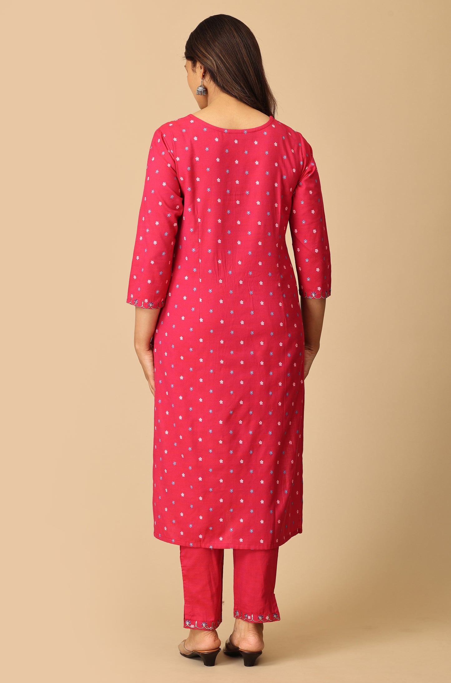 Bright Pink Rayon Slub Printed with Embroidery Kurti Set - 2Pcs