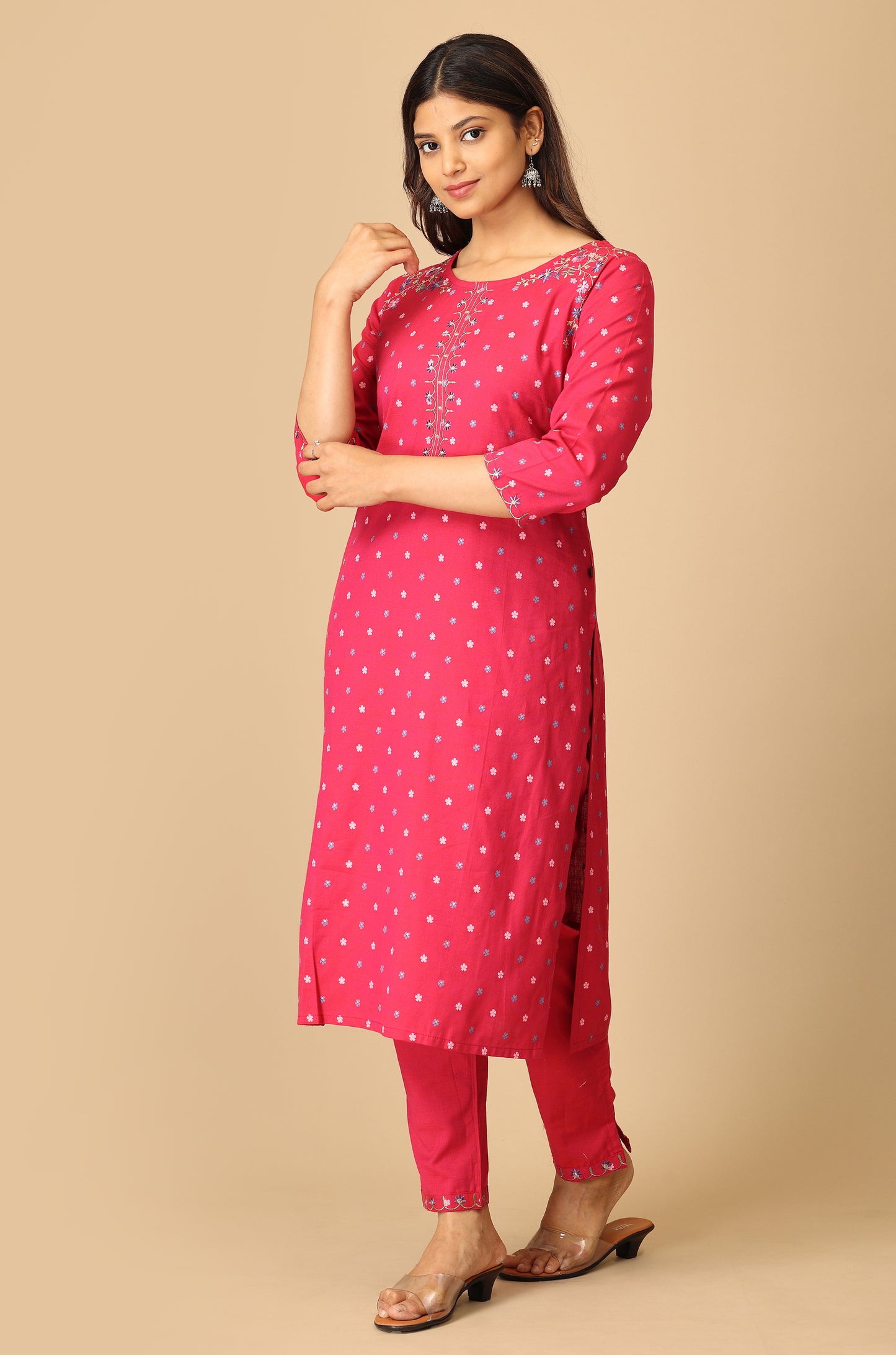 Bright Pink Rayon Slub Printed with Embroidery Kurti Set - 2Pcs
