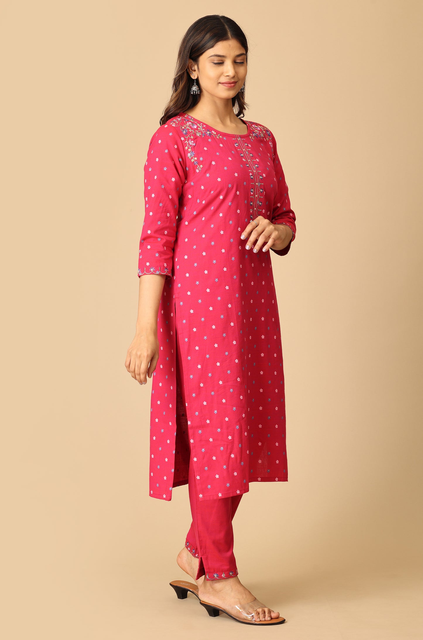 Bright Pink Rayon Slub Printed with Embroidery Kurti Set - 2Pcs