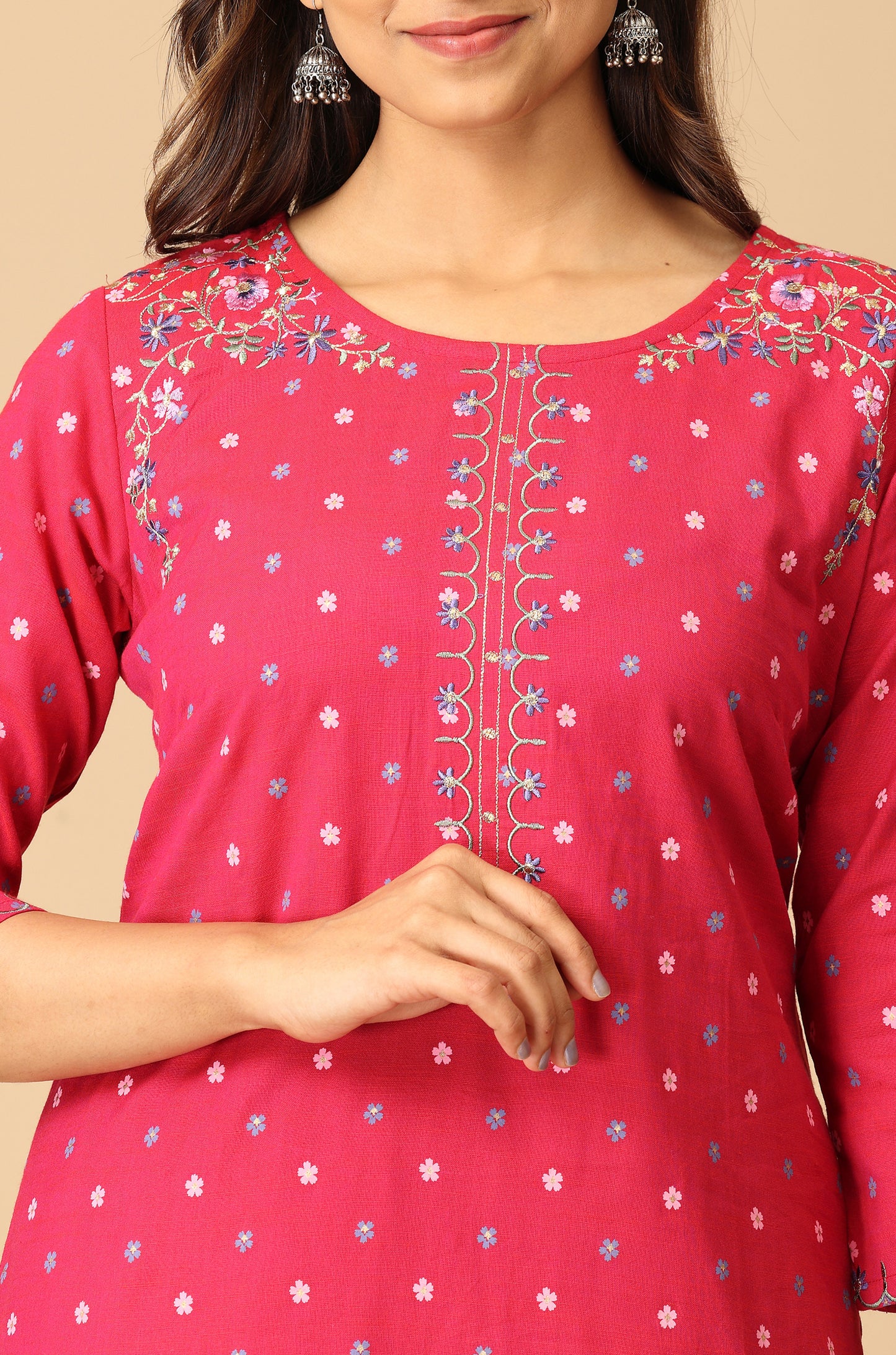 Bright Pink Rayon Slub Printed with Embroidery Kurti Set - 2Pcs