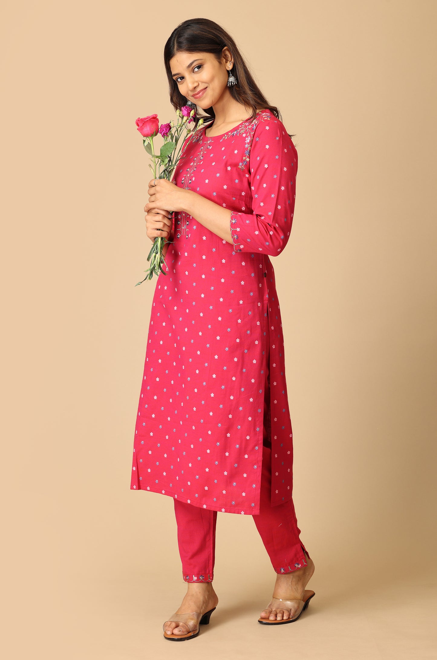 Bright Pink Rayon Slub Printed with Embroidery Kurti Set - 2Pcs