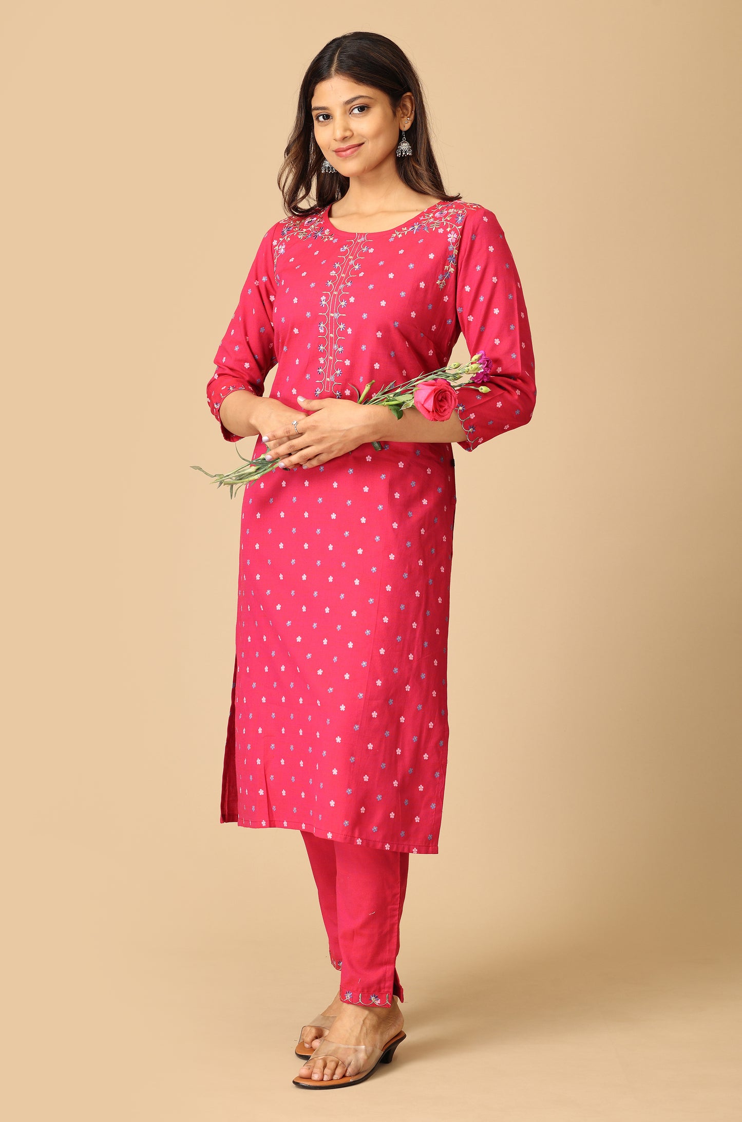 Bright Pink Rayon Slub Printed with Embroidery Kurti Set - 2Pcs