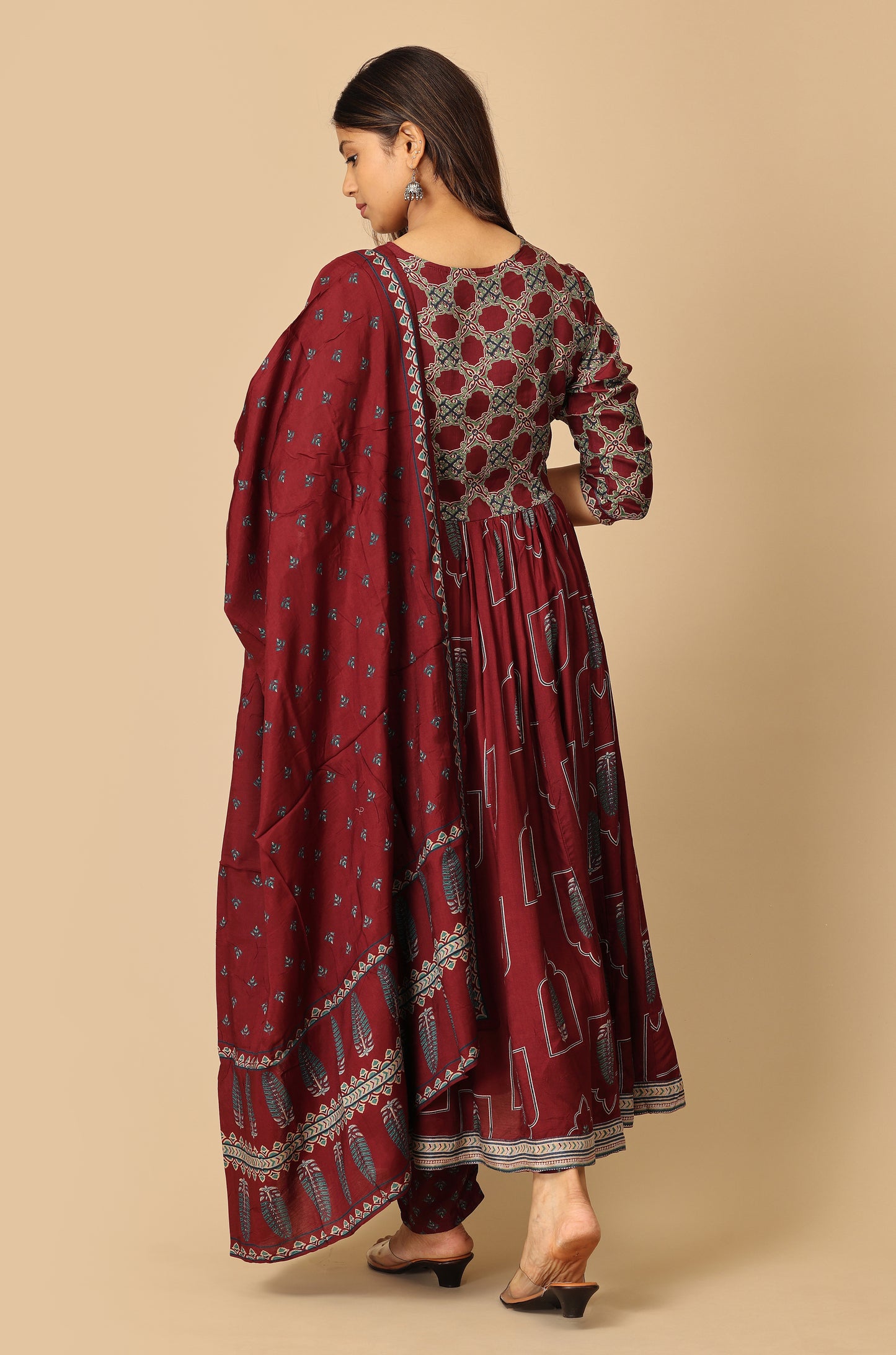 Wine Angrakha Maslin Printed with Handwork Anarkali Set
