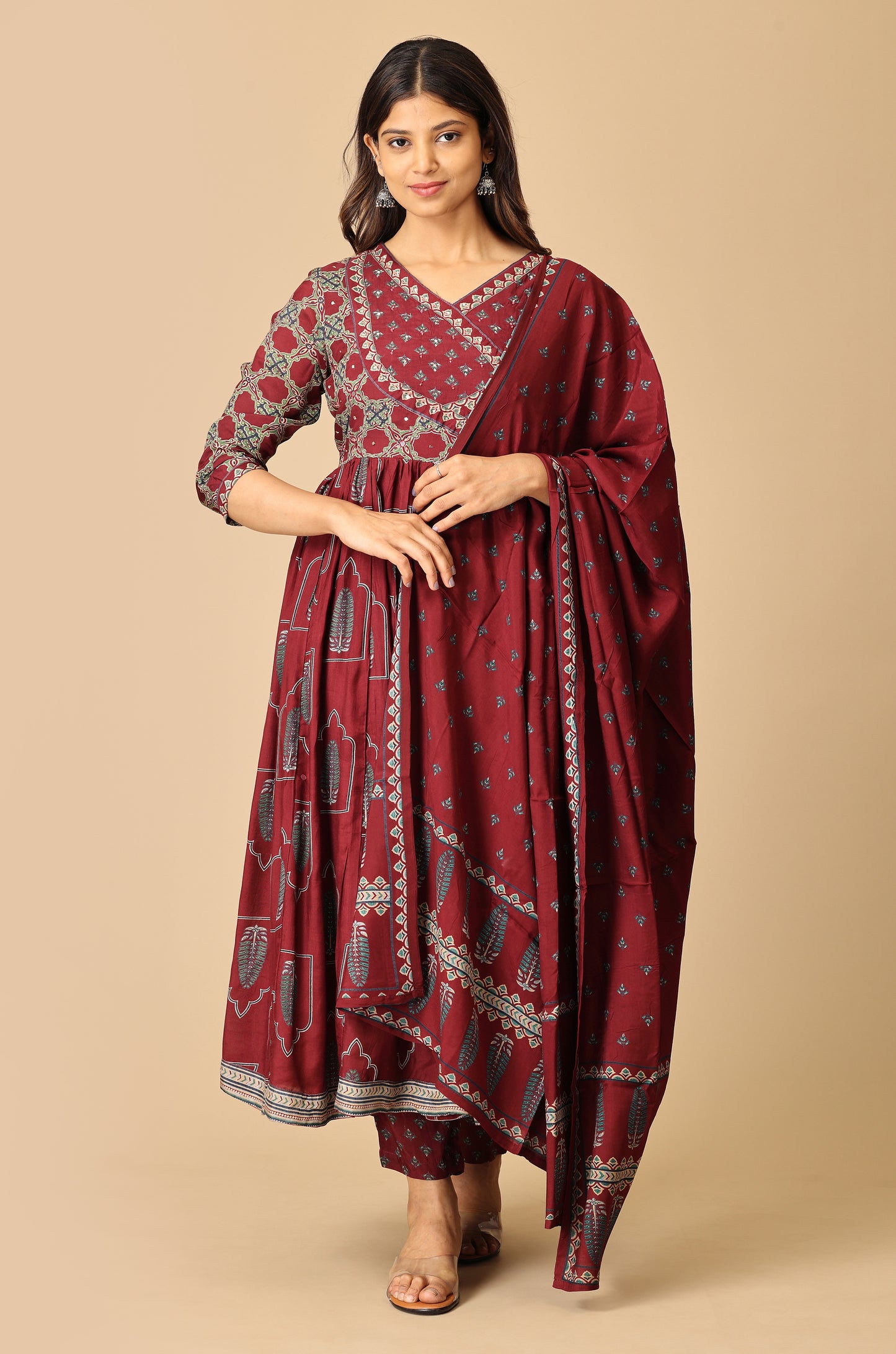 Wine Angrakha Maslin Printed with Handwork Anarkali Set
