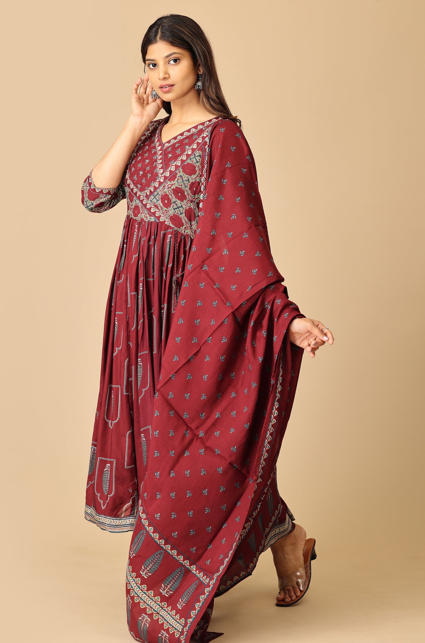 Wine Angrakha Maslin Printed with Handwork Anarkali Set