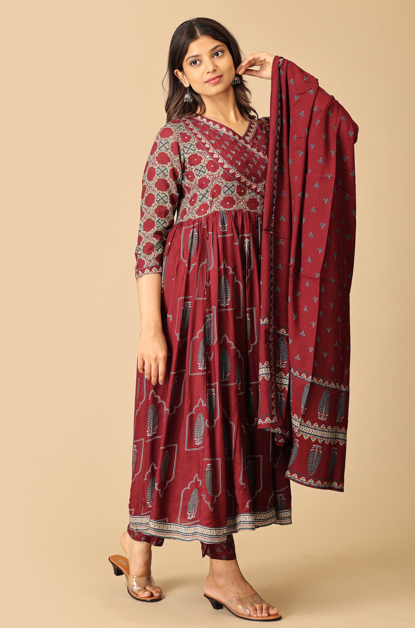 Wine Angrakha Maslin Printed with Handwork Anarkali Set