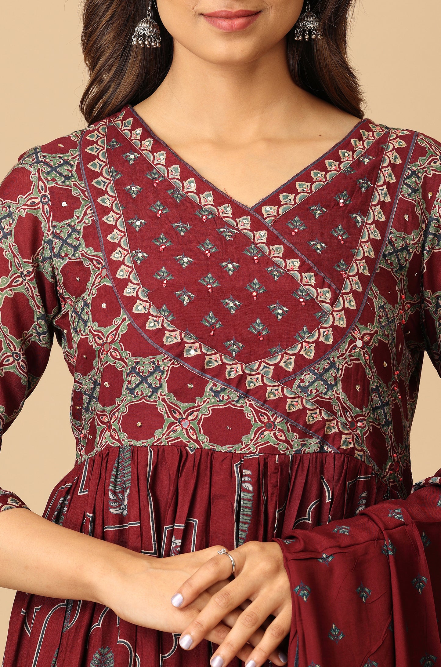 Wine Angrakha Maslin Printed with Handwork Anarkali Set
